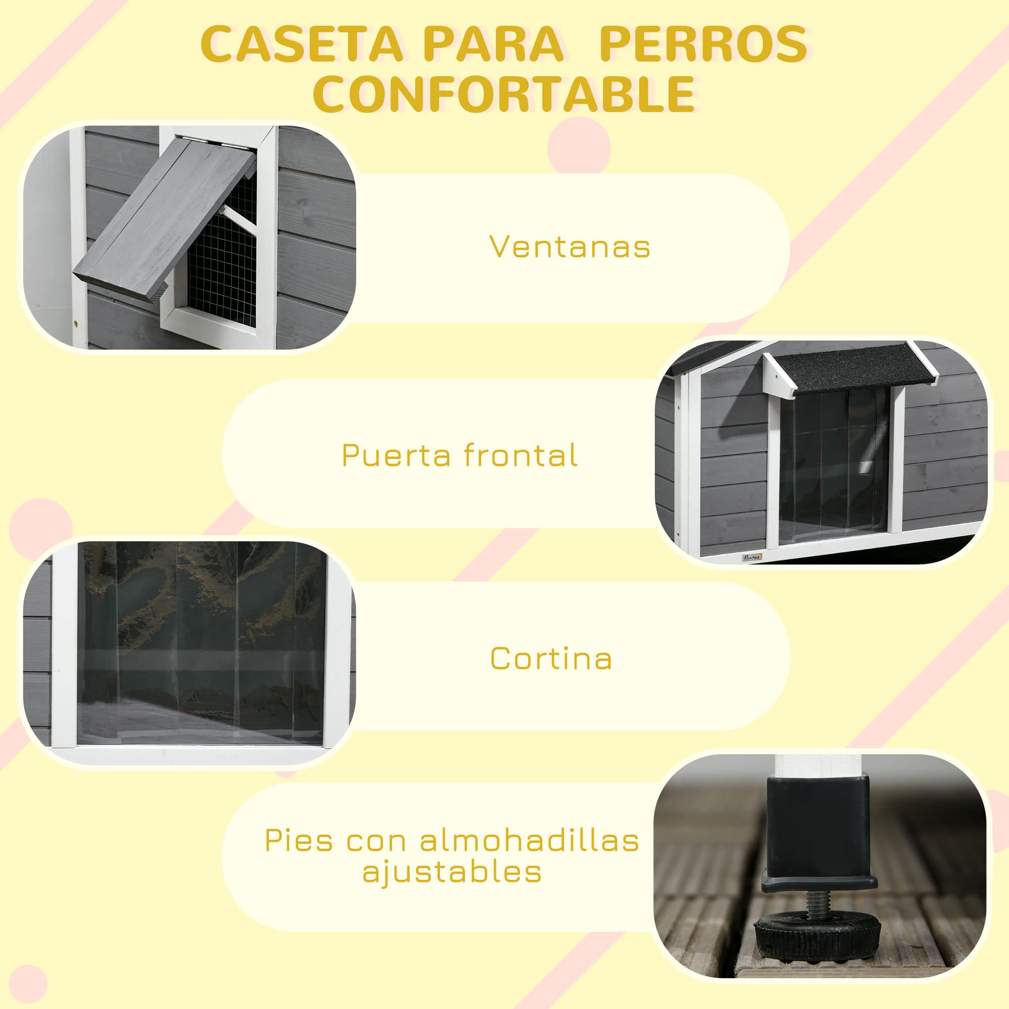 PawHut Caseta para Perros Exterior Casa para Perros Pequeños con Techo Asfáltico Abatible 2 Ventanas Puerta con Cortina y Base Extraíble 97x72x65 cm Gris