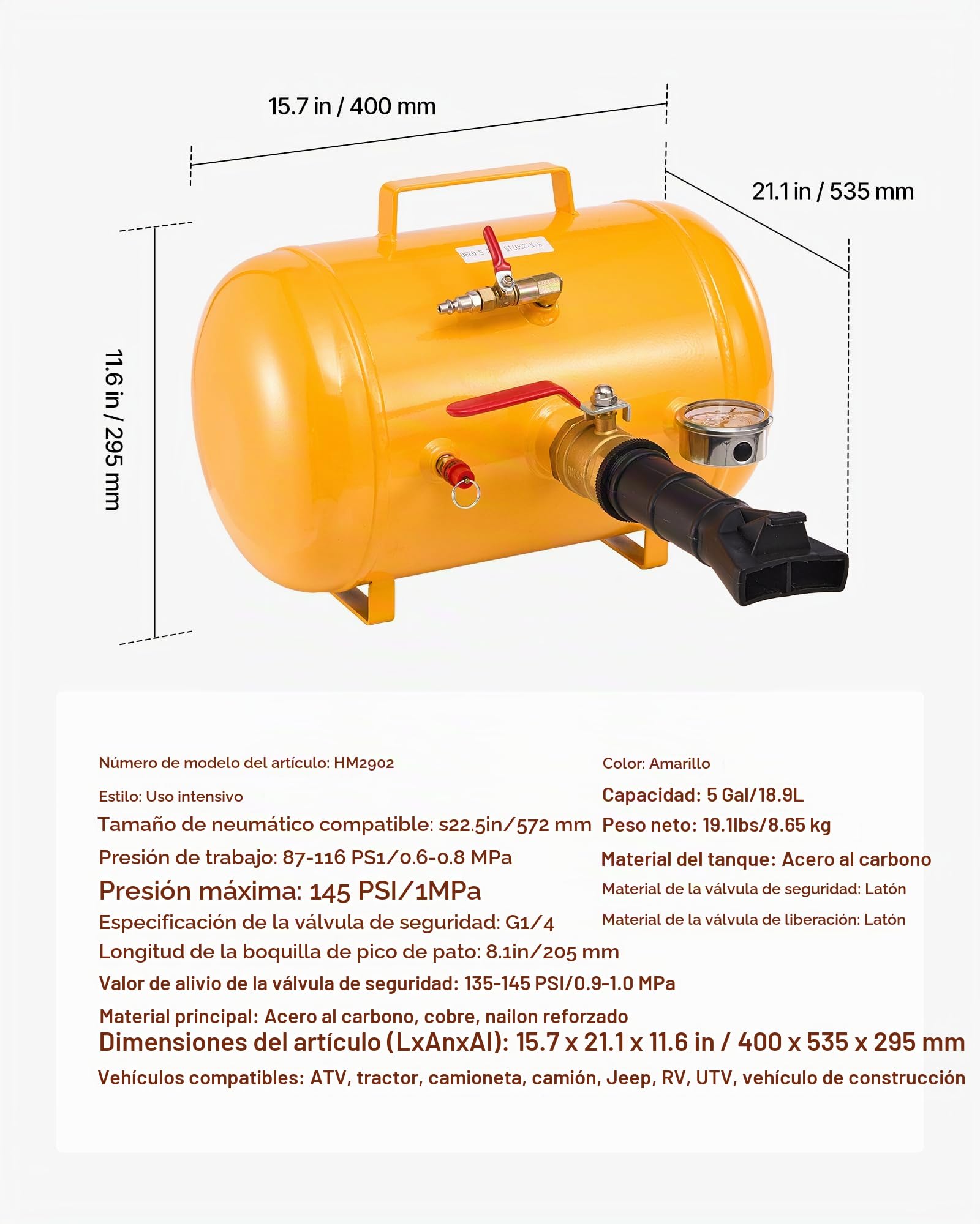 VEVOR Destalonador de Neumáticos de 18,9 L, Presión de Trabajo de 0,6-0,8 MPa, Bomba de Aire para Camionetas, Todoterrenos, Jeeps, Furgonetas y Tractores Cortacésped, Amarillo, 400 x 535 x 295 mm