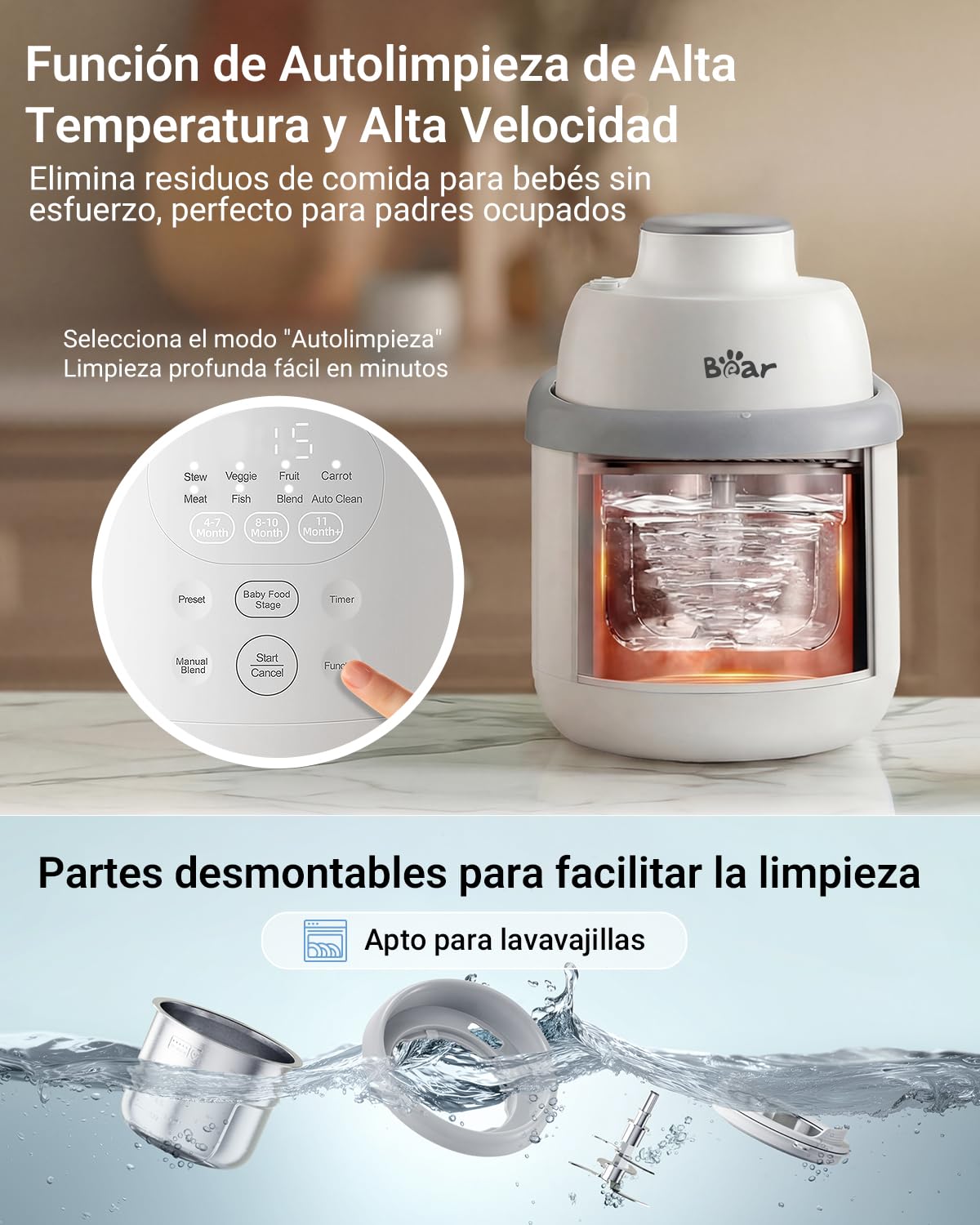 Bear Robot de Cocina para Bebé NutriEase AllStage Acero Inoxidable, Procesador de Alimentos para Bebé OneStep, Cocción y Molienda Automática para Comida Casera Saludable, Sin BPA