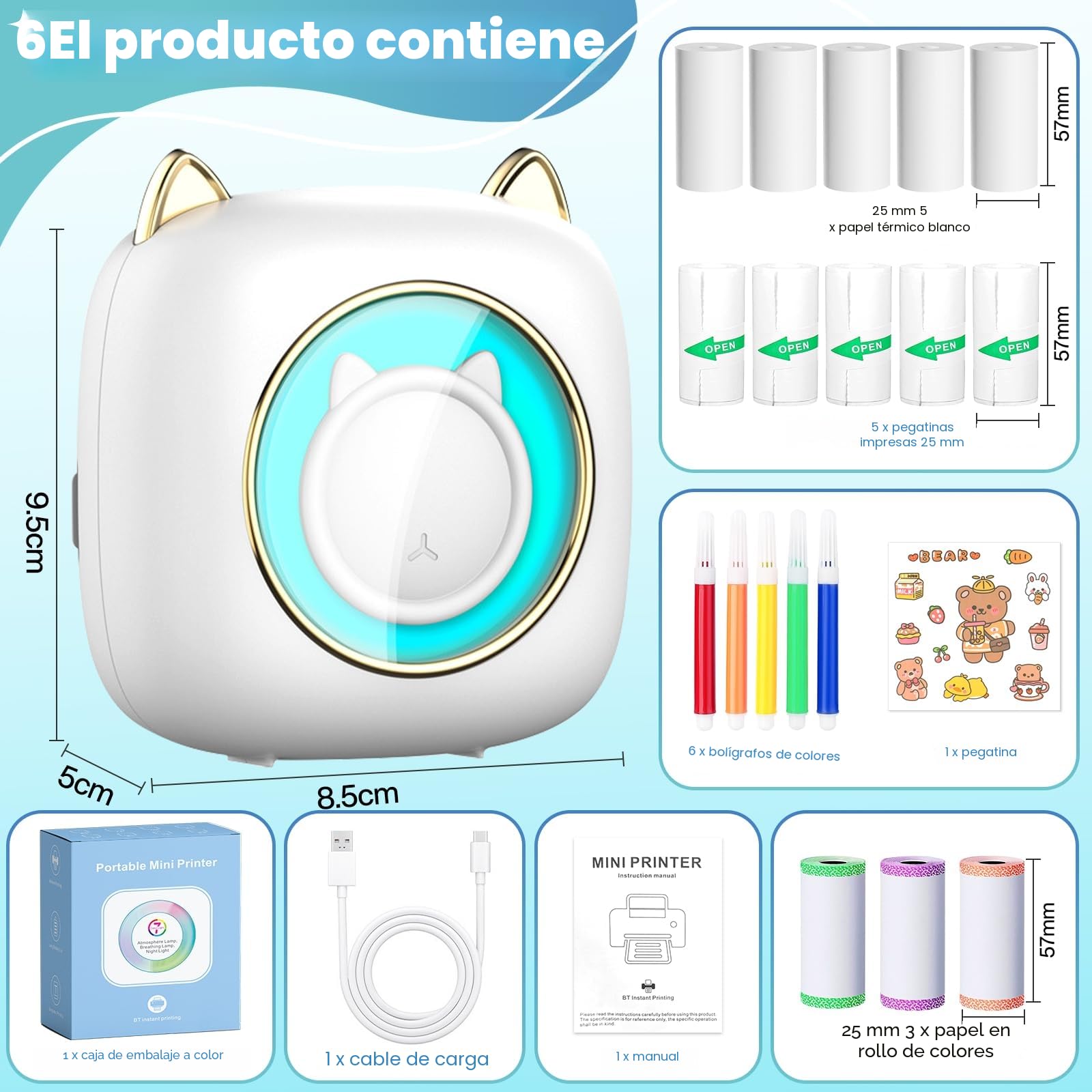 Mini Impresora para Movil, Mini Impresora Termica Fotográficas, Bluetooth Inalámbrico Impresora Térmica con 14 Rollos de Pape, Portátil Impresora Termica,Movil Impresora Fotos,para Fotos Nota