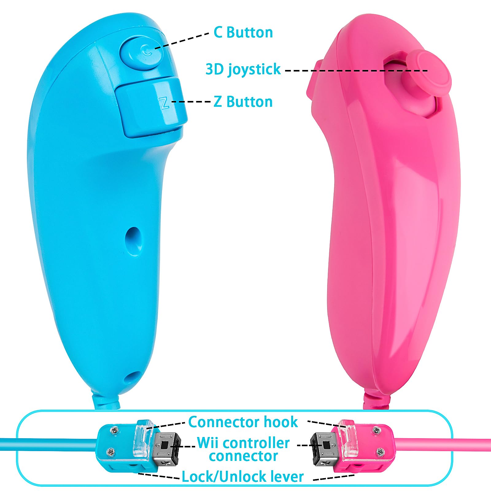 SWeien Nunchuck Controller, 2 Pack Nunchuck Controller Replacement for wii Nunchuck Controller Joystick Gamepad, Compatible with Nintendo Wii & Wii U Console（Pink & Blue） - 2