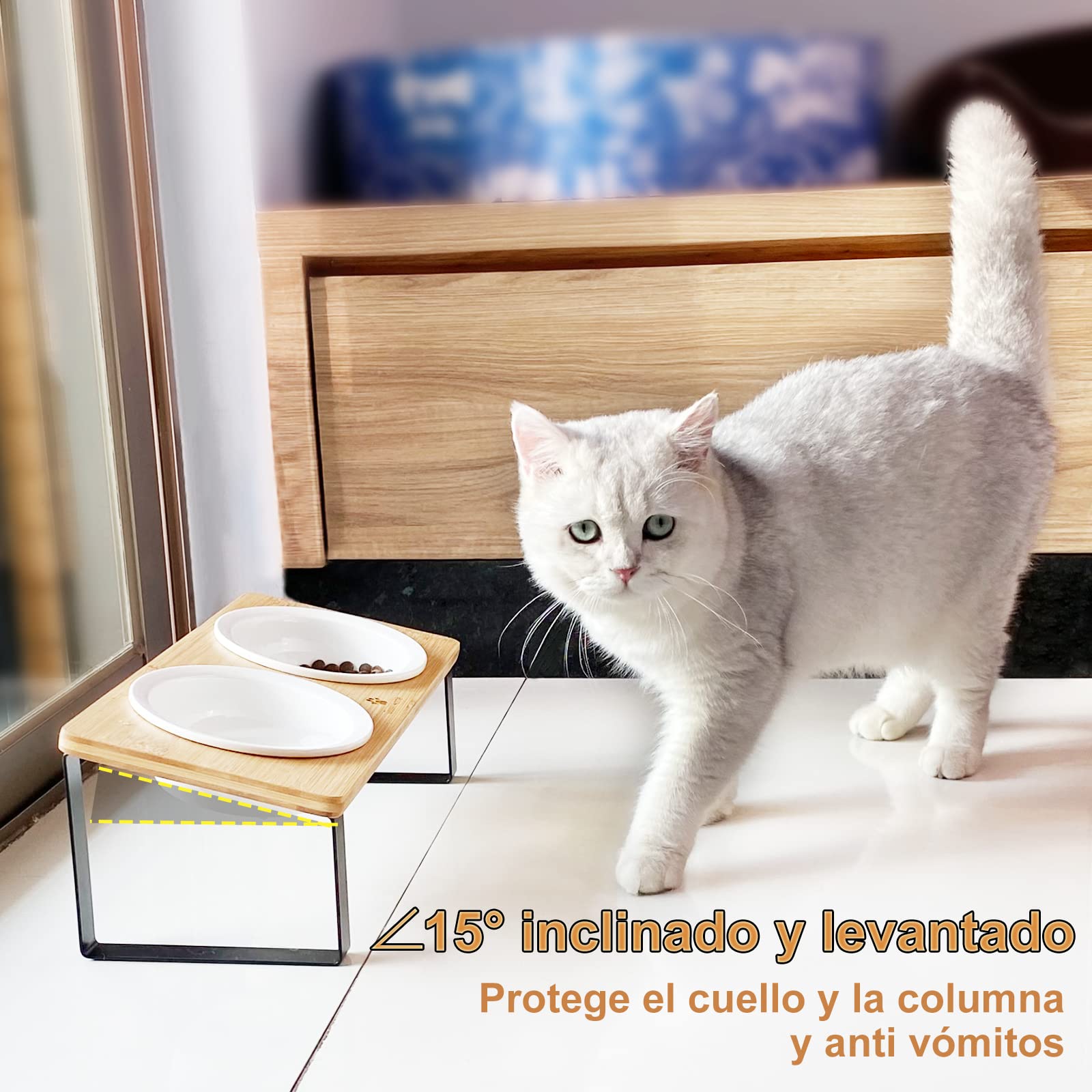 GUUSII HOME Comedero Gato Elevado, Comedero Gatos, Comederos para Gatos Inclinado 15° Ceramica, Cuenco Gato Antivómitos, con Soporte de Bambú Natural para Evitar la Fatiga de los Bigotes, Color Madera