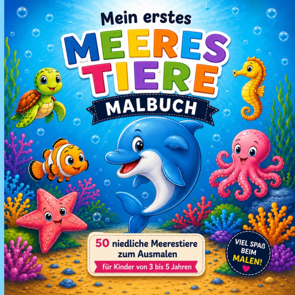 Mein erstes Meerestiere Malbuch: 50 niedliche Meerestiere zum Ausmalen für Kinder von 3 bis 5 Jahren