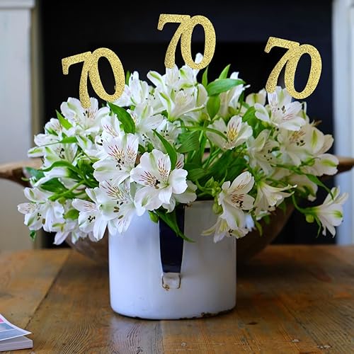 Miniatura 4 de Paquete de 10 palitos de centro de mesa de aniversario con purpurina de doble cara para cumpleaños número 70, decoración de mesa para cumpleaños 70