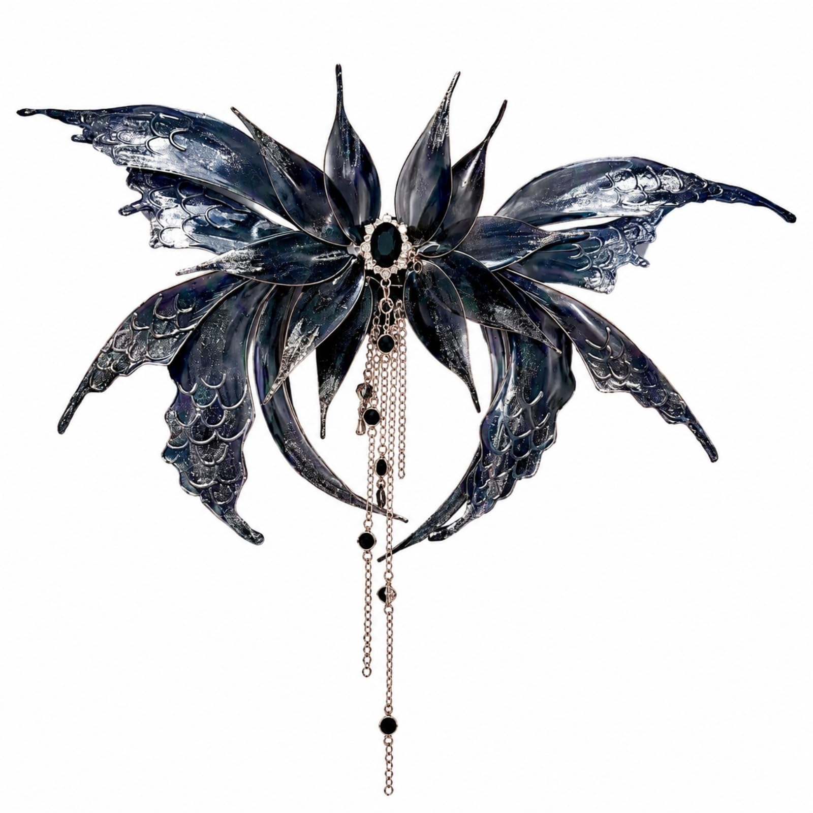 F Fityle Pasador para el Pelo Mariposa Pinza Horquilla Broche con Paneles en Forma de y Patrones Escamados Brillantes Ornamento Central y Borlas Bailantes, color to 2, Negro