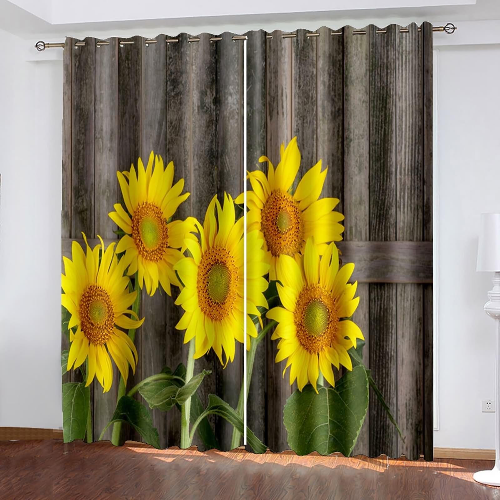 Cortinas para habitación de poliéster Bishilin, diseño rústico de girasol y madera