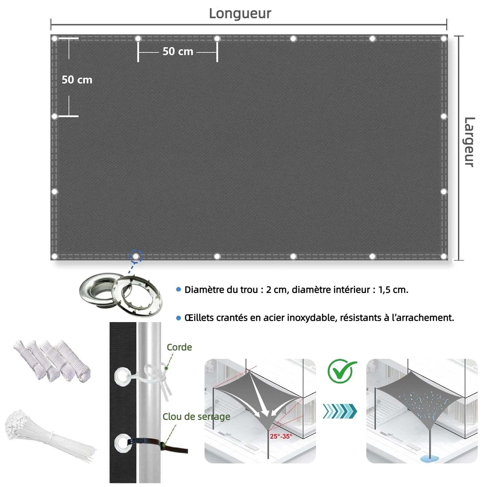 Voile d’ombrage Rectangulaire 2.8x3m Toile D'ombrage Imperméable Bâche Ombrage Polyester 95% Protection UV Solaire pour Jardin Balcon Terrasse Pergola avec Oeillets et Cordons, Gris Foncé