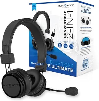 Blue Tiger Premium Elite Ultimate Single and Dual Ear 2-in-1 Bluetooth Headset Professional Noise Cancellation Head Set with Microphone USB-C Fast Charge & Long Battery Life
