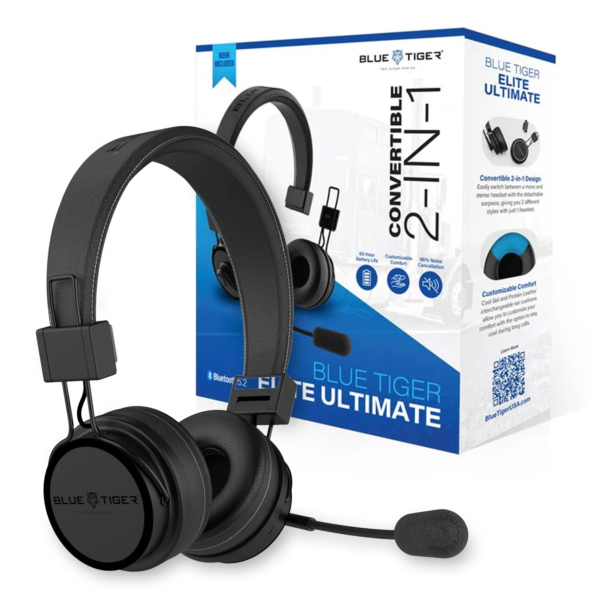 Blue Tiger Premium Elite Ultimate Single and Dual Ear 2-in-1 Bluetooth Headset – Professional Noise Cancellation Head Set with Microphone – USB-C Fast Charge & Long Battery Life