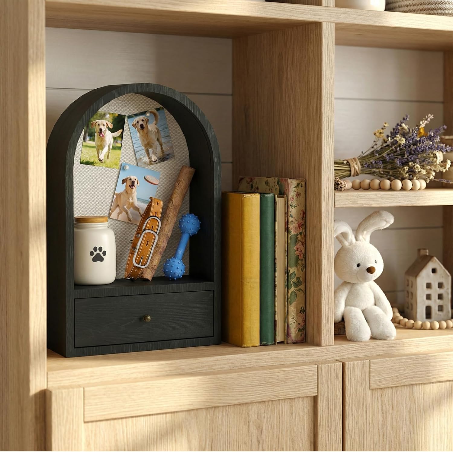 Pet Memorial Shadow Box, Arched Wooden Box with Front Opening Vintage Latch, Drawer Design for Dog Memorial, Wall Hanging or Tabletop Memory Box for Pets or Loved Ones, Keepsake Display Case