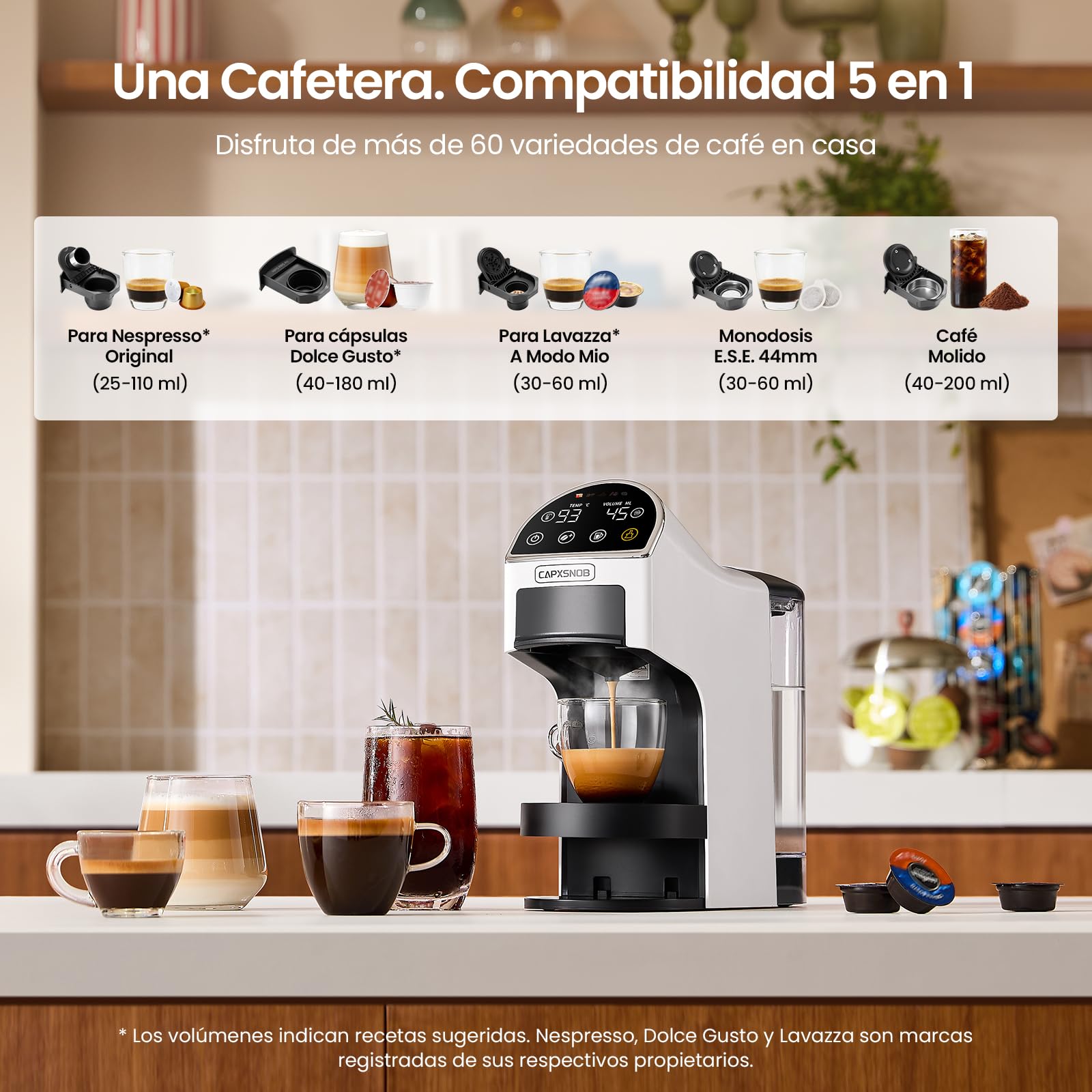 Magician2 Cafetera 5 en 1 para Nespresso, Dolce Gusto, Molido/Monodosis ESE | Apto para Lavazza A Modo Mio - 20 Bar, Auto-Lock, Panel Táctil LED, Reconocimiento Auto, Volumen/Temp, Preinfusión, BPA-libre