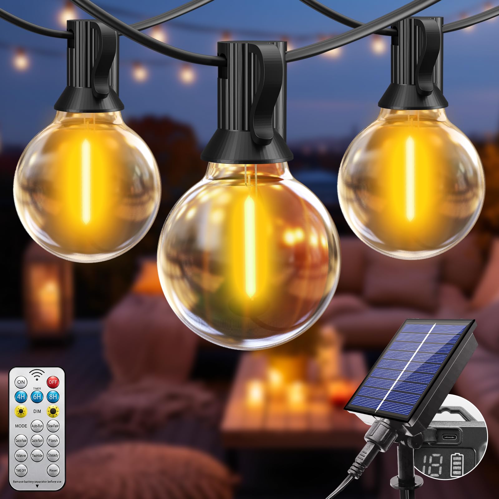 btfarm Solar Lichterkette Aussen mit Fernbedienung, 8M 10+1 LED Lichterkette Außen Solar, G40 Glühbirnen Wetterfest 8 Modi Solarlichterkette Outdoor für Garten Balkon Party Hochzeit Deko, Warmweiß