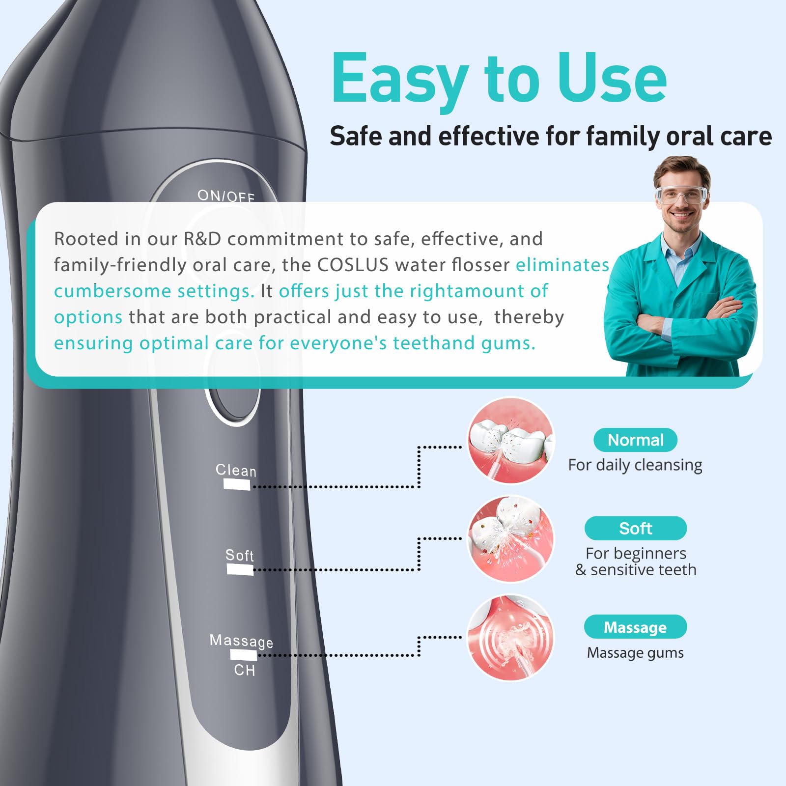 COSLUS Flosser dentale per acqua per denti: irrigatore orale portatile senza fili da 300 ml, ricaricabile, da viaggio, IPX7, impermeabile, per la pulizia dei denti, F5020E, grigio