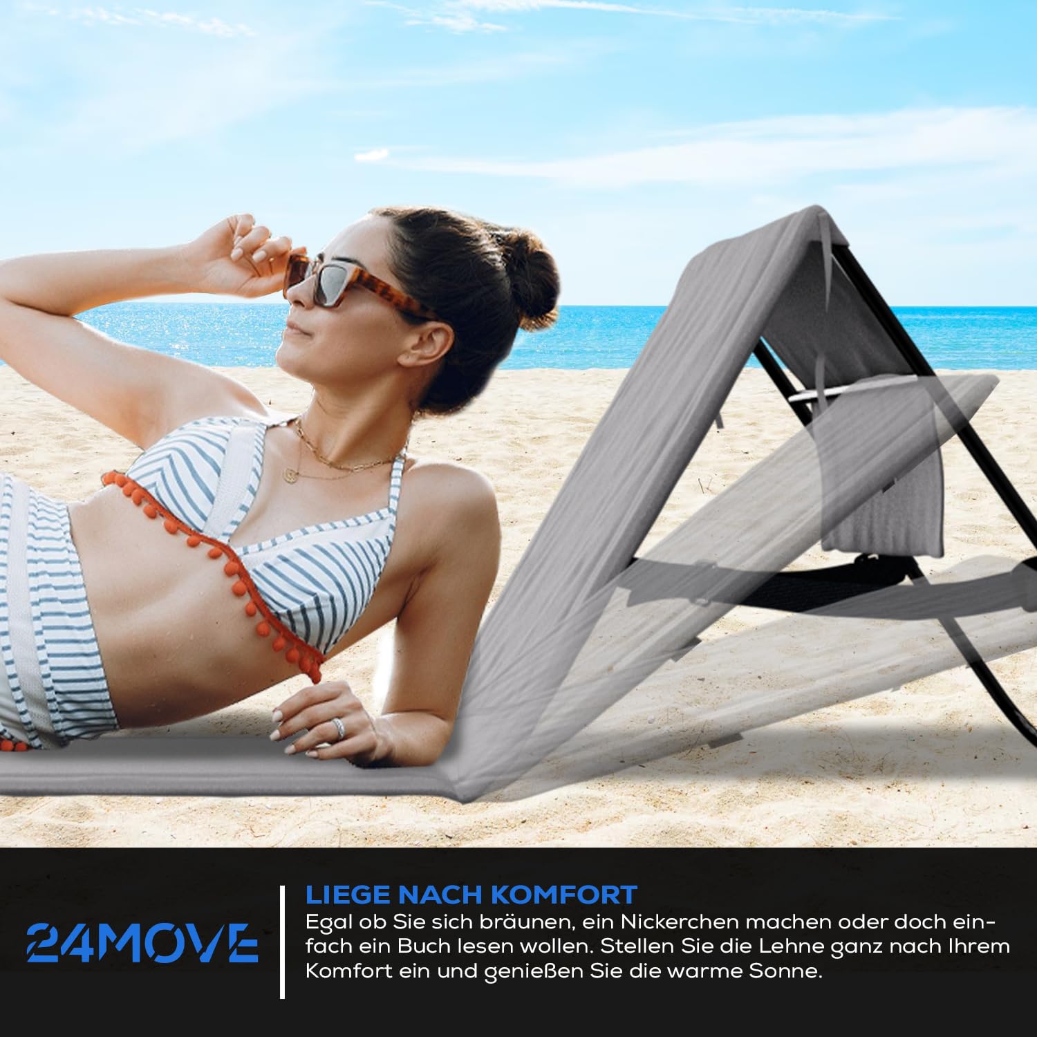 24MOVE® Strandmatte Set klappbar mit Verstellbarer Rückenlehne, Strandliege faltbar mit Schlaufen, Aufbewahrungstasche, Sonnenliege für Strand Garten, versch. Farben