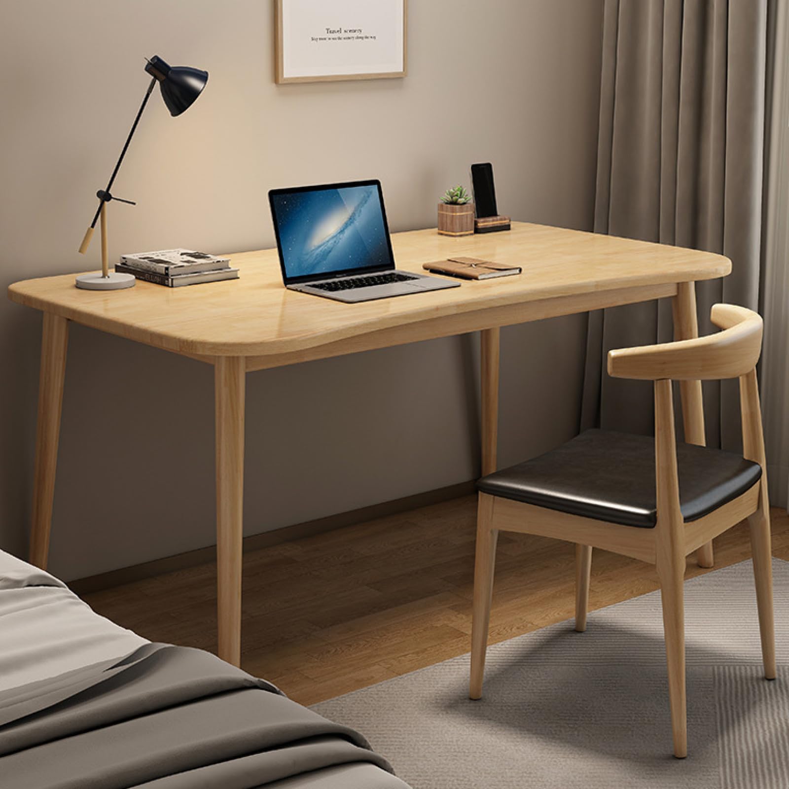 ASerZenith Wooden Writing Desk - Mid Century Modern Home Office Desk With Ergonomic Curved Desktop,Natural-120Cm