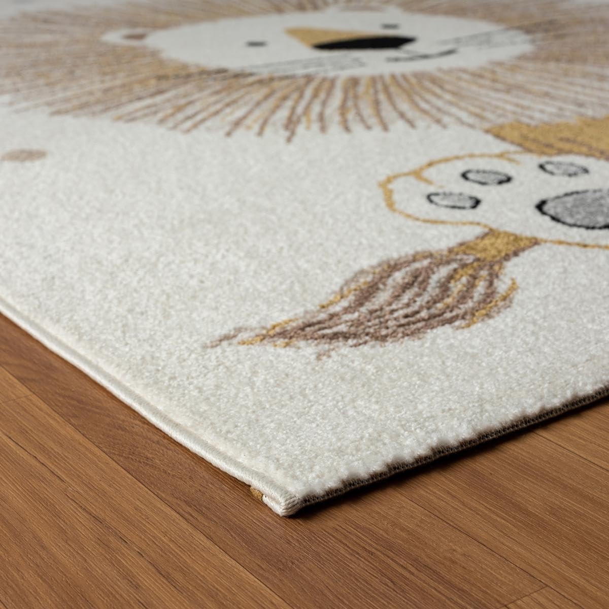 Tapis Enfant Couloir, 120 X 170 Cm, Écru, Motif Lion Empreintes Pois, Tissé en Turquie Poils Ras, Style Doux pour Chambre, 9598