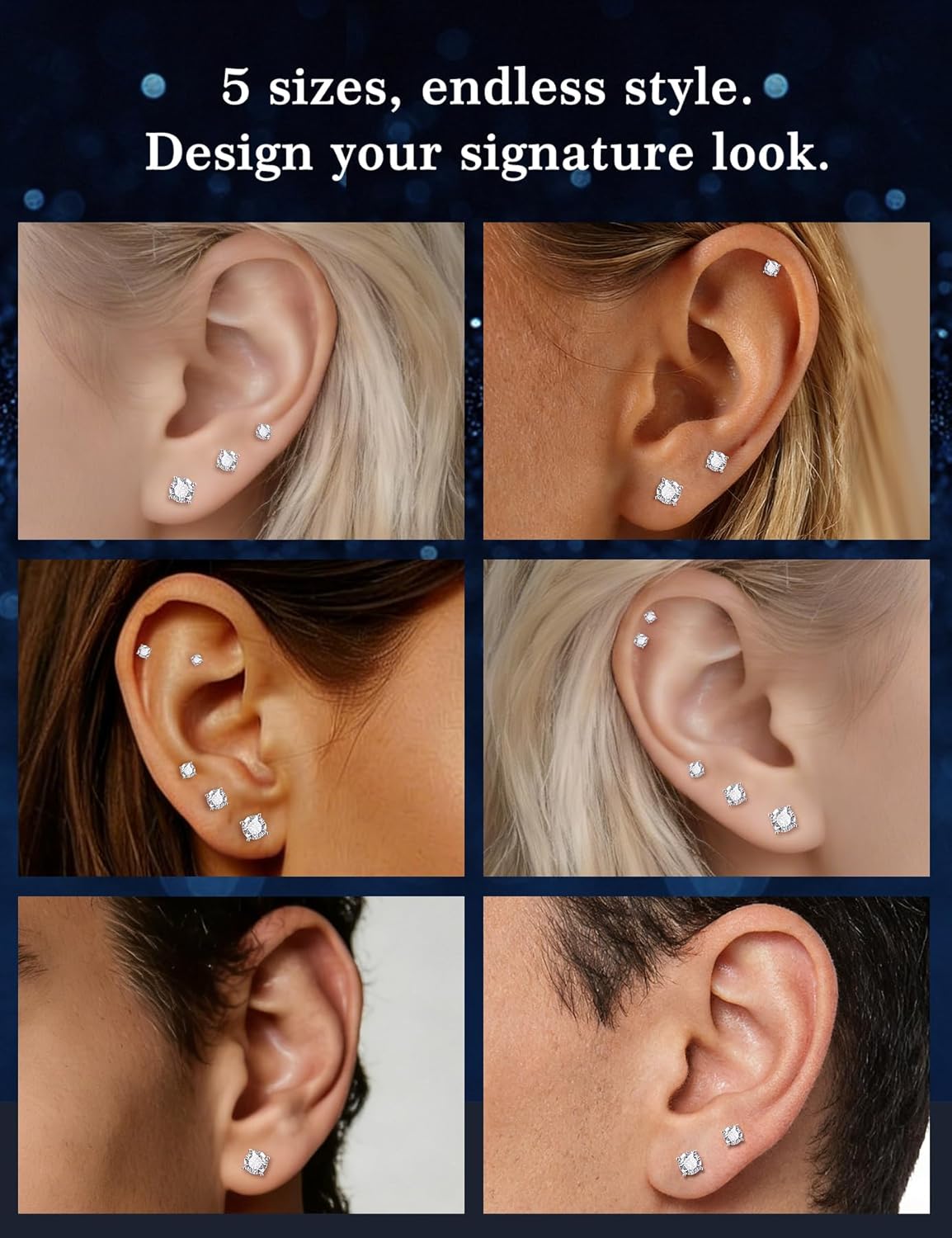 5 Pairs Moissanite Stud Earrings Set for Women Men, 18K White Gold Plated Hypoallergenic 925 Sterling Silver Stud Earrings - Image 4