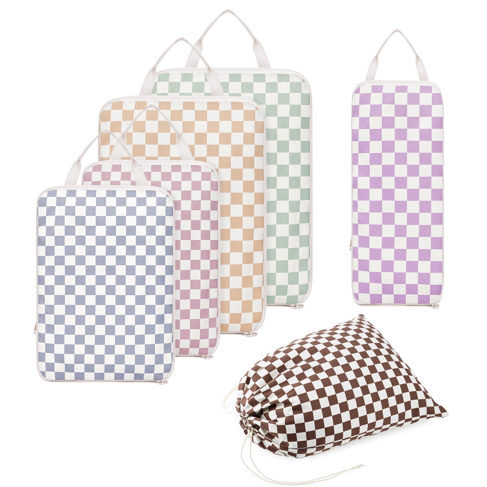 Narwey 6 Pièces Organisateur Valise, Sac Compression Voyage, Compression Packing Cubes, Organisateur Valise Compressible, Cube de Rangement, Organiseurs de Bagage (Checker Combined)