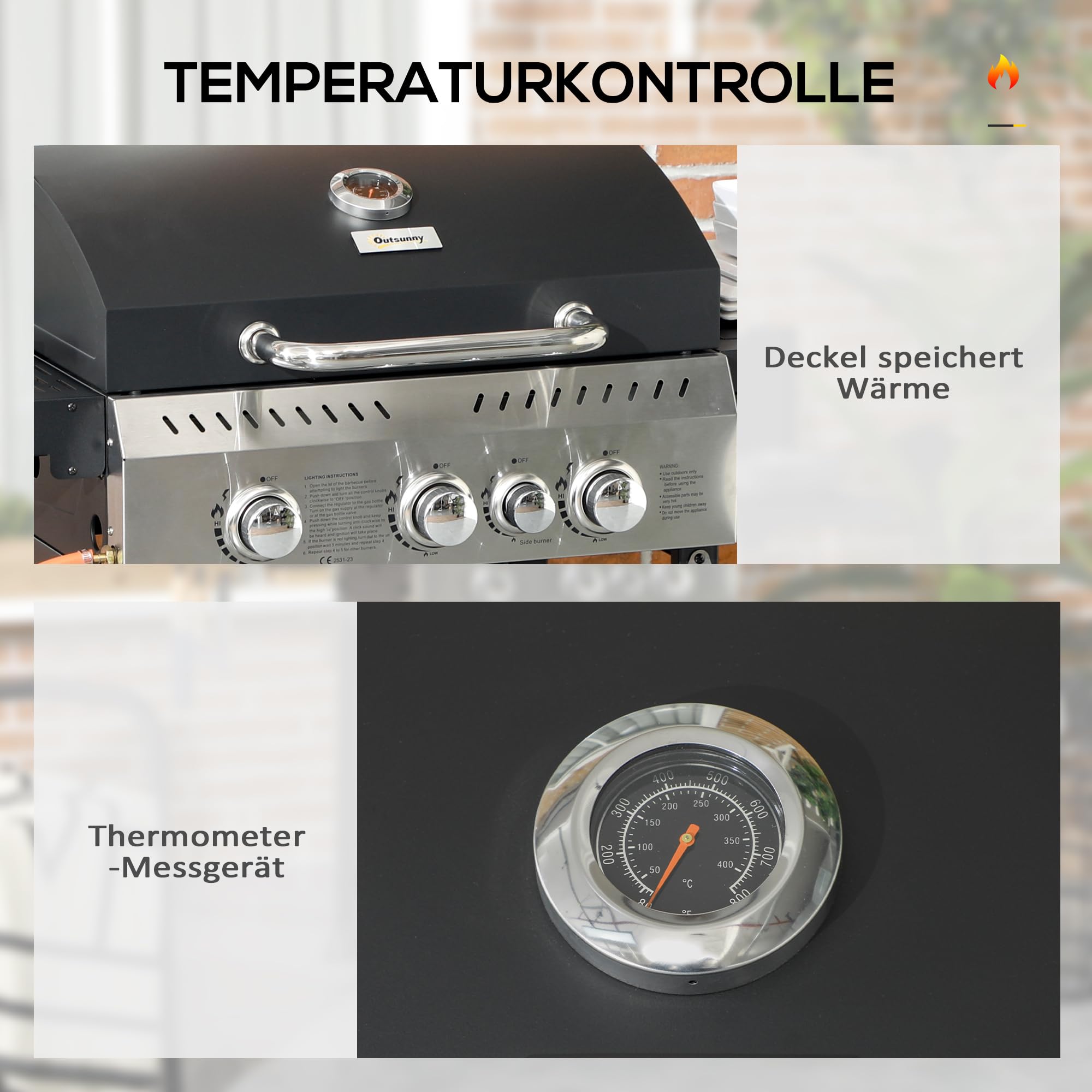 Outsunny Gasgrill 3 KW 3+1 Brenner Edelstahl Gas-Grill mit Seitenbrenner Grillrost Kochfeld Thermometer BBQ Grillwagen mit Flaschenöffner Seitenablagen für Camping Balkon 123 x 52 x 101cm