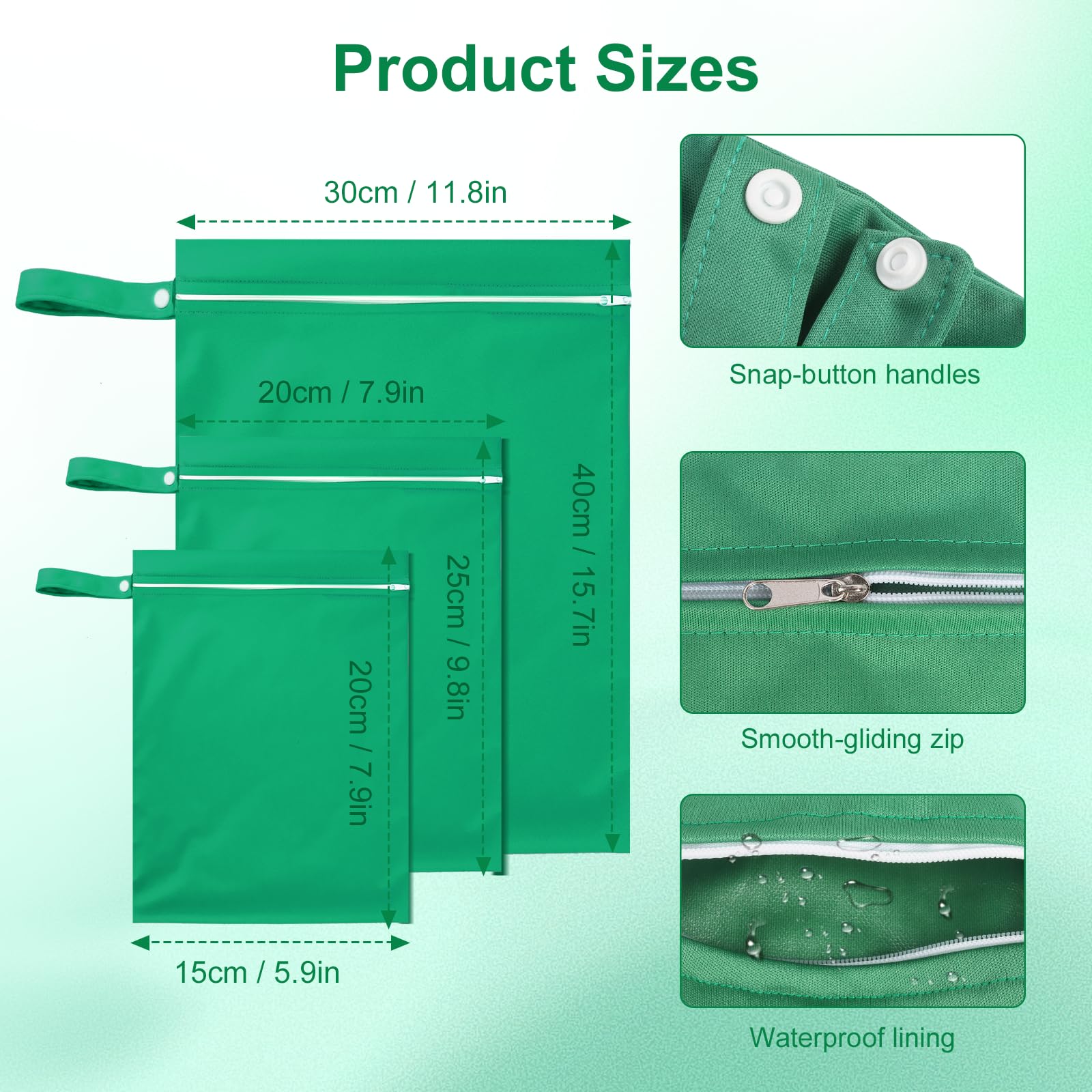 Iridsmole 3 PCS Wet Bags, Travel Laundry Bags, Waterproof Dirty Clothes Bag for Swimming Cloth Nappy Wet Bag with Zipper - Image 2