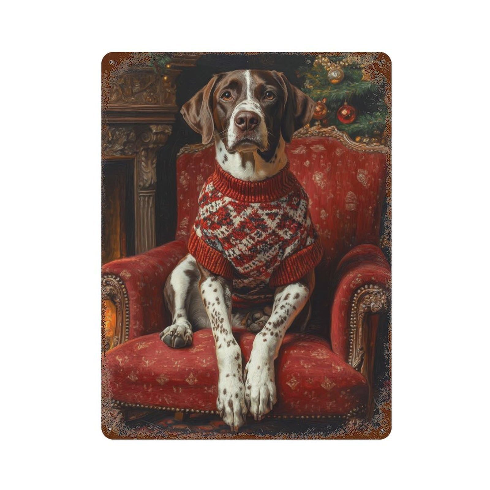 Dog in Christmas Sweater Portrait German Shorthaired Pointer in Sweater Rust Effect Tin Sign 15.7"x11.8", Novelty Wall Decor for Garage, Pub Or Kitchen