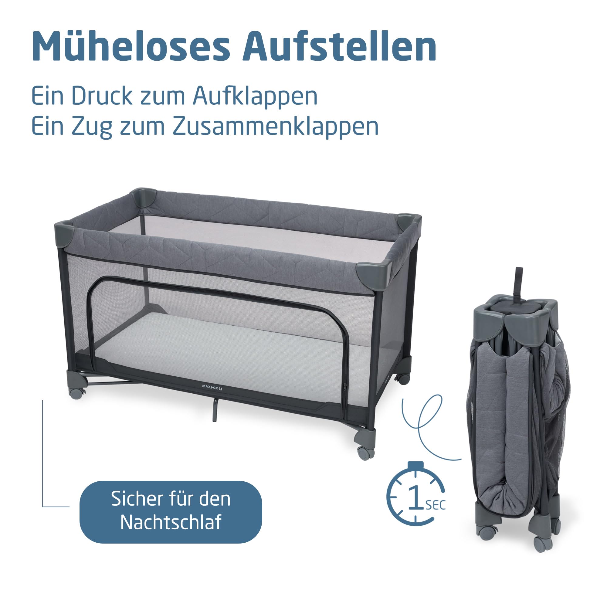 Maxi-Cosi Merlin, 2-in-1 Reisebett & Spielplatz, 0–4 Jahre, bis 18 kg, Baby und Kinderreisebett, In 1 s Klappbar, 120×60 cm CloudCore-Matratze, Seitliches Einstiegsfenster, 4 Rollen, Elegance Graphite