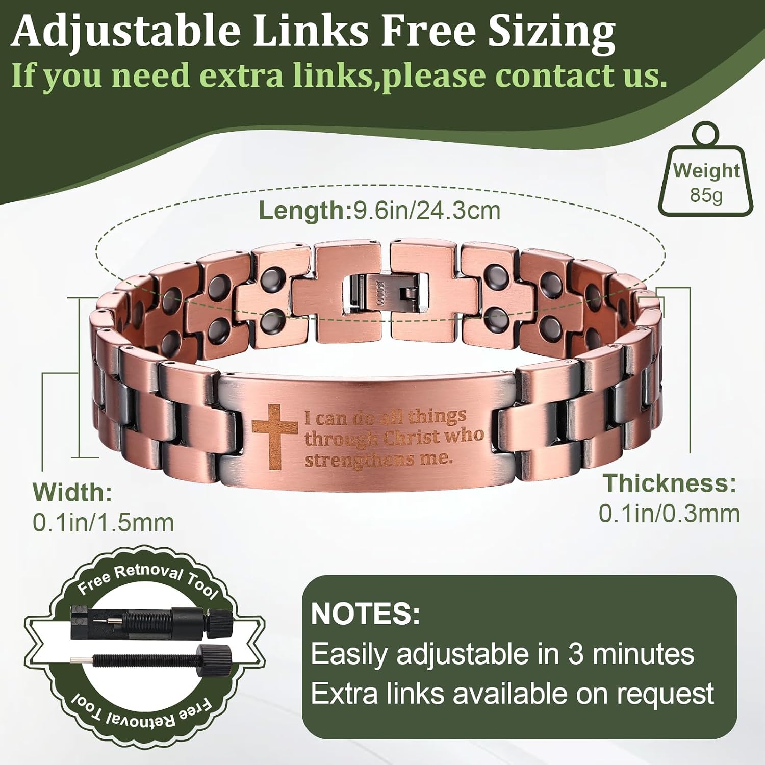 Copper Magnetic Cross Bracelet for Men - Ultra Strength Magnetic Mens Cross - With Size Adjustment Tool