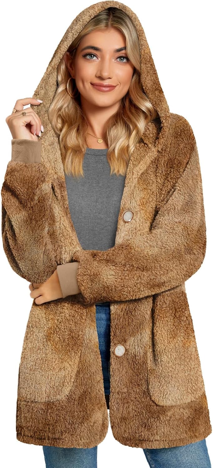Bestbee Warm Fleece Jackets for Women, Plus Size Fuzzy Hooded Casual Coats Lidies 2025 Cardigan Sweaters Outerwear with Pockets, 2XL, Fawn - Image 2