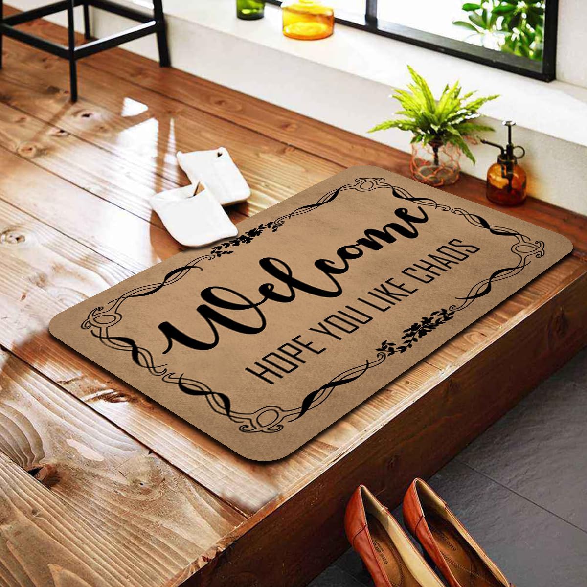Funny Welcome Doormat for Front Door Mat House Warming Gift Rugs for Entrance Way Indoor Home Decor (23.7in X 15.6in) (Welcome, Hope You Like Chaos Humorous Home Decor Gift)