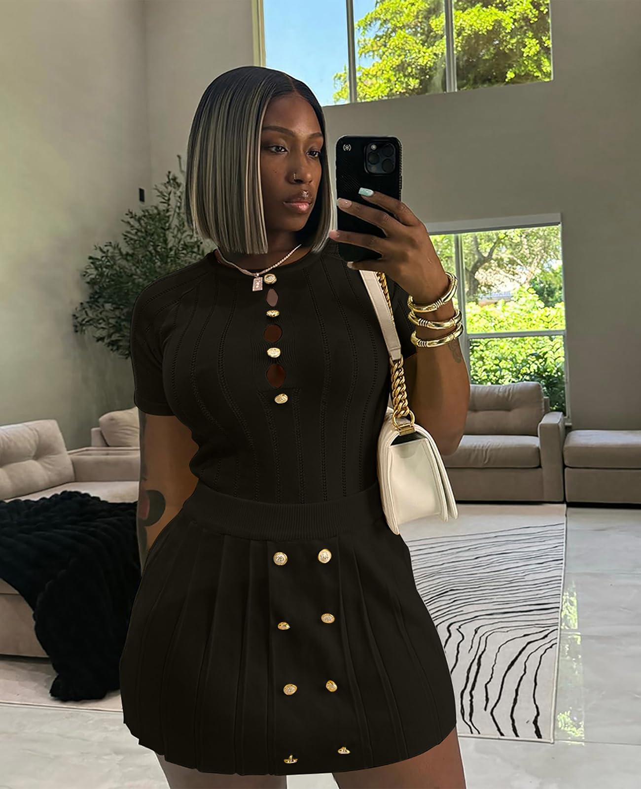 Conjunto de 2 piezas para mujer, top corto de punto, plisado, mini falda para fiesta de verano, club, salir