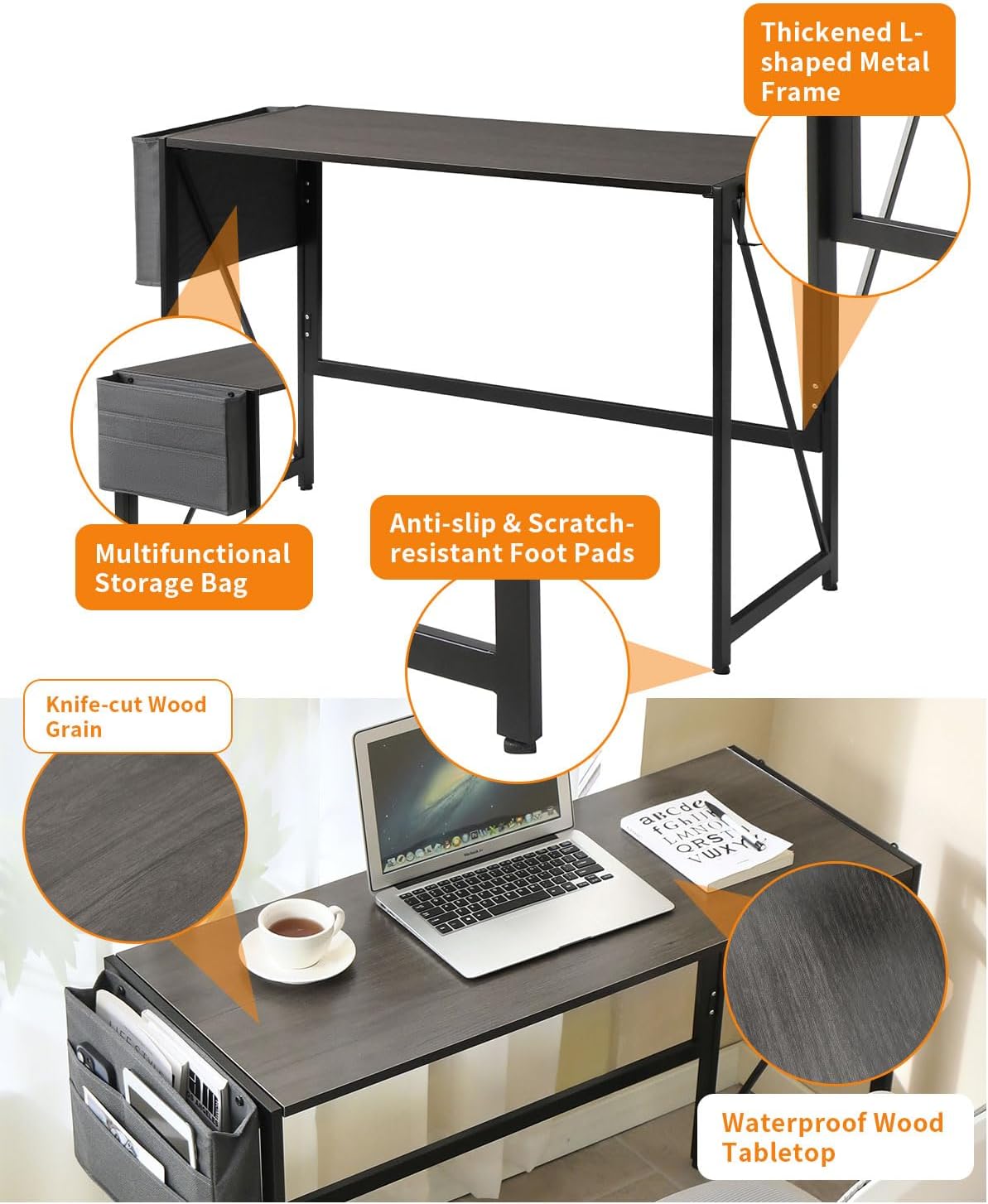 Modern Desk Writing Computer Desk for Home Office, No-Assembly Study Office Desk Foldable Table for Small Spaces (Black Oak, 31.5 inch)