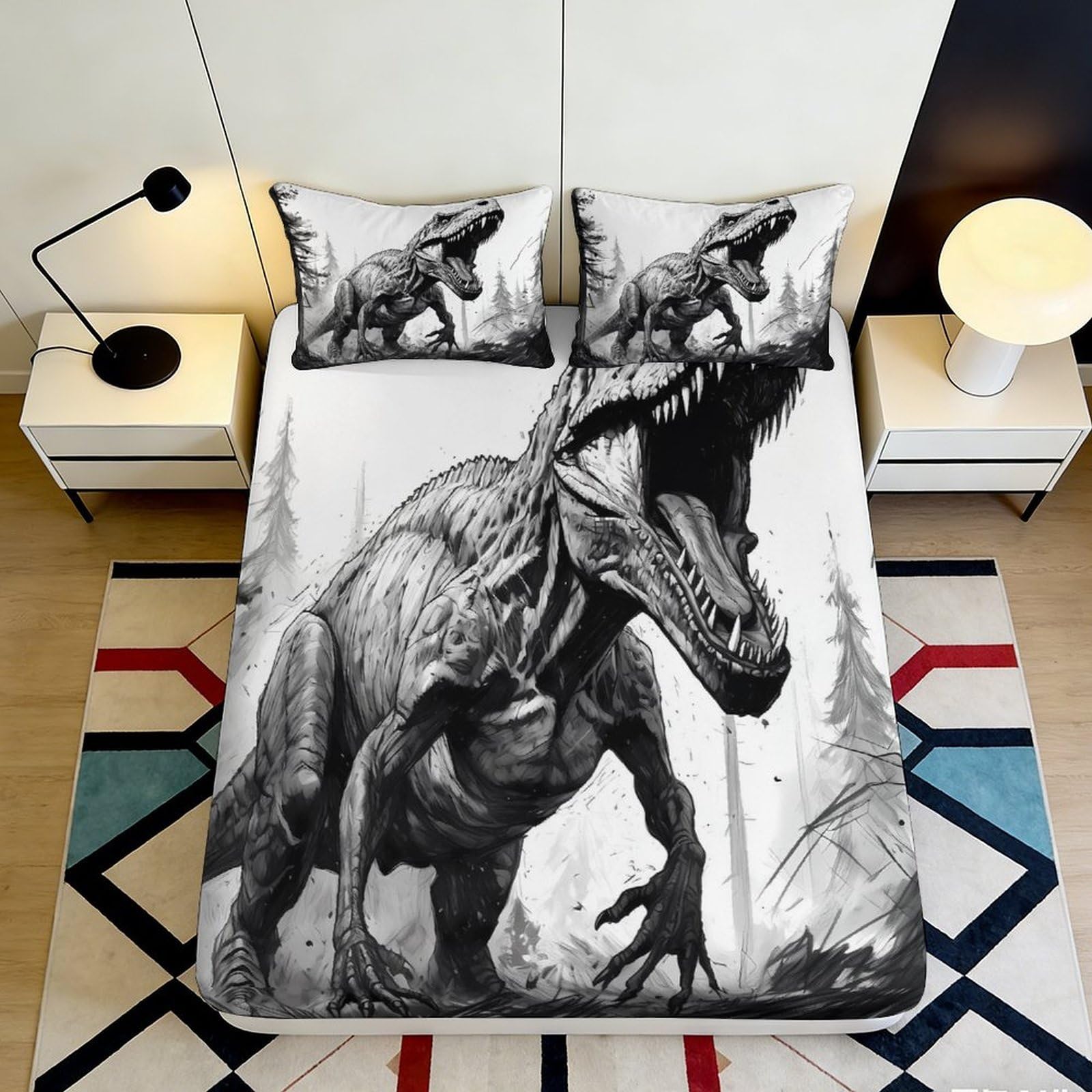 3D Printed Dinosaur Fitted Sheet Microfiber Deep Pocket Non-Slip Full Wrap Dinosaur Mattress Fitted Cover Washable Bedding 200x200x25cm