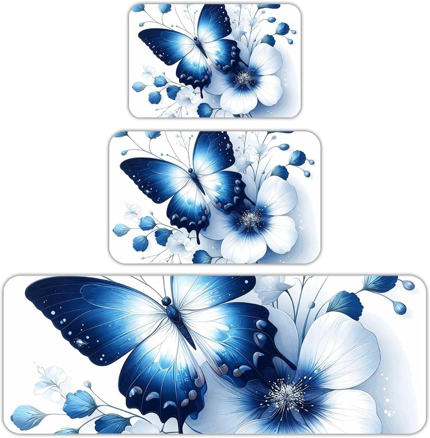 Blue Butterfly Flowers Kitchen Mats for Floor 3 Pcs Kitchen Rugs