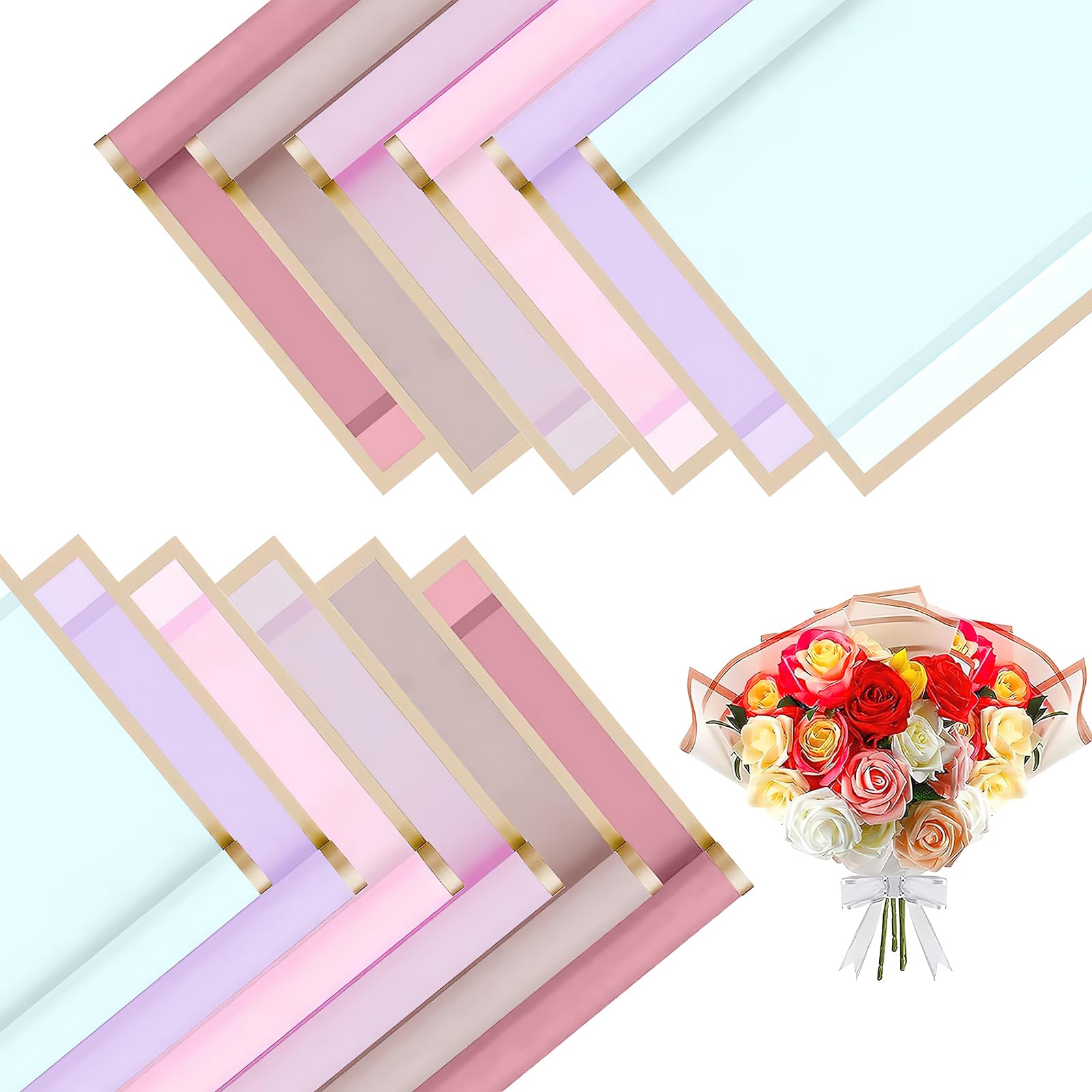 120 Sheets Flower Bouquet Wrapping Paper Bulk, Folded Wrap Paper with Gold Border, Korean Waterproof Floral Papel for DIY Crafts Wedding Birthday Father‘s Day Gifts (6 Colors, 58 x 58cm)