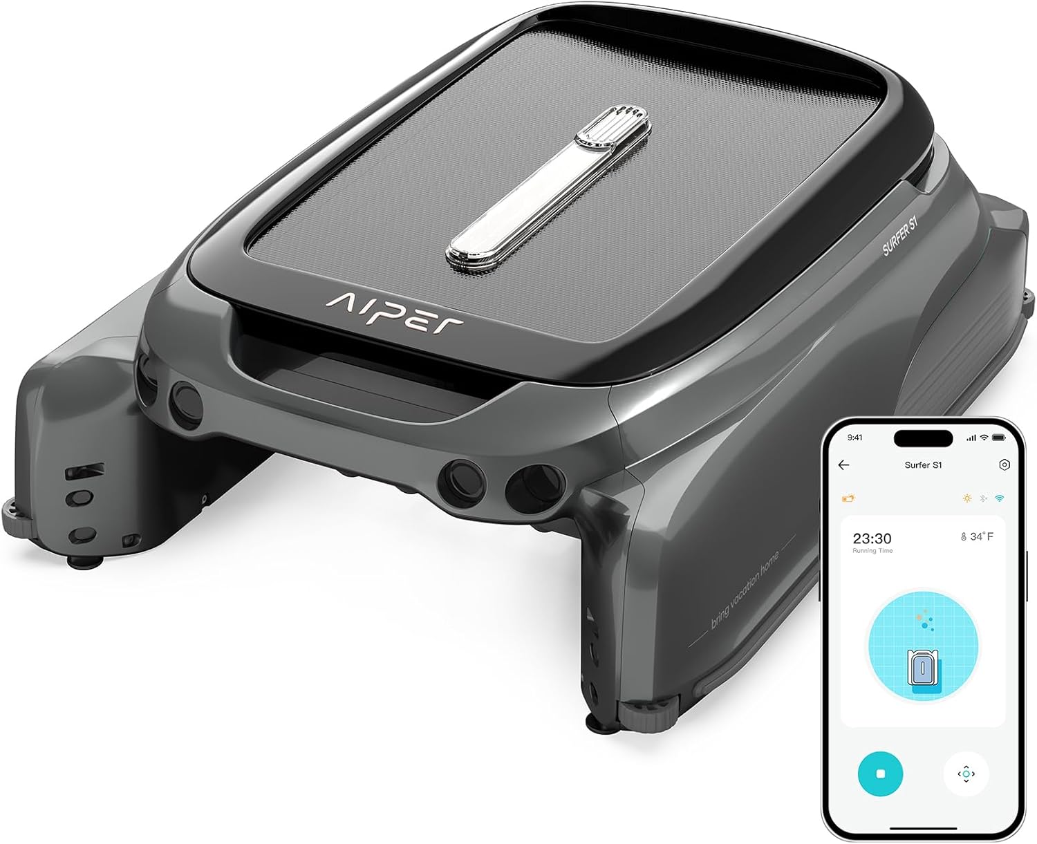 (2024 New) AIPER Surfer S1 Solar Powered Robotic Pool Skimmer with APP Support, Dual Charging Options, Pool Temperature Monitor, Manual Control, Salt Chlorine Tolerant Motors Gray