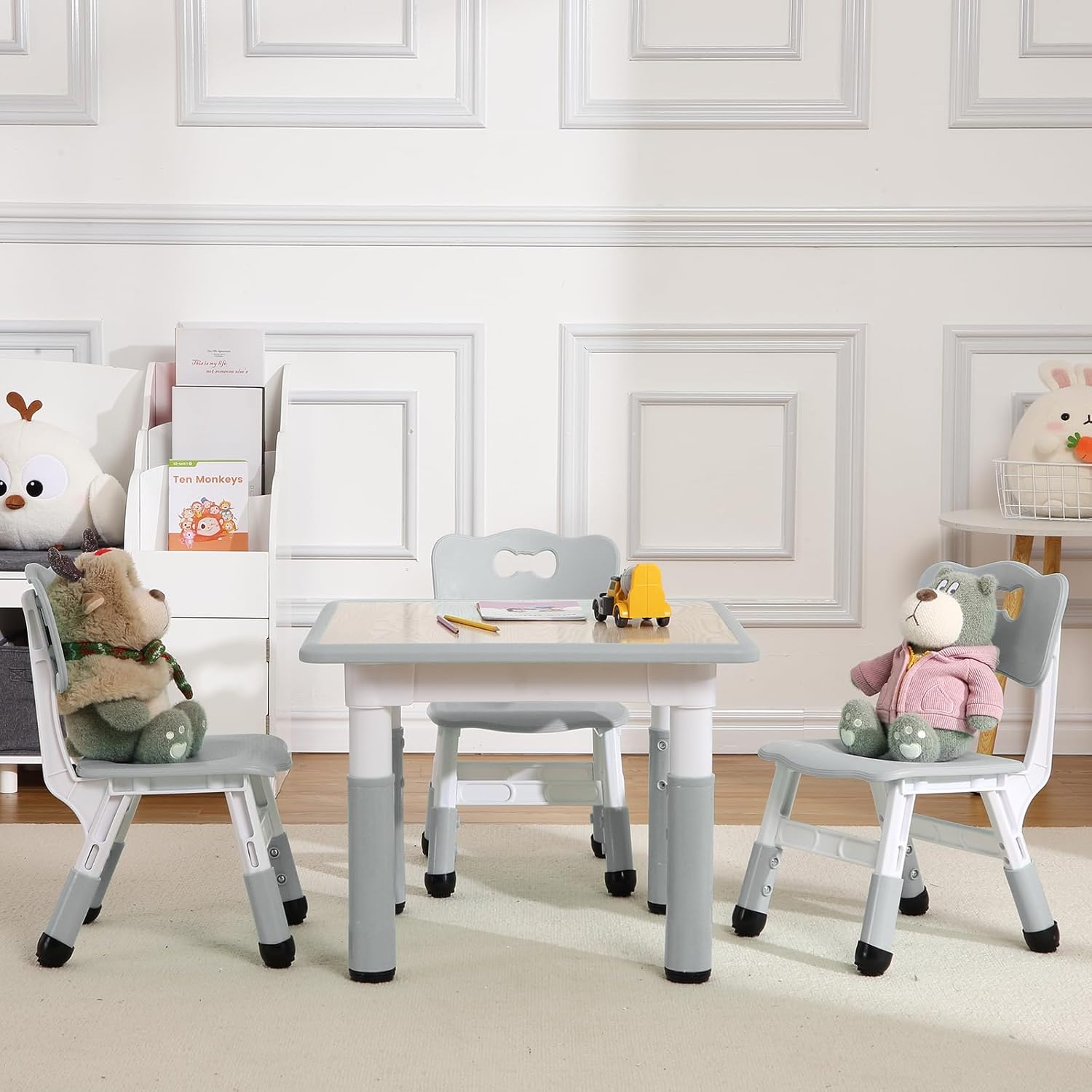 GAOMON Modern Kids Table and 4 Chair Set,23 inch Height Adjustable Toddler Table and 4 Chairs with Non-Slip Desk Legs&Organizer Graffiti Desktop,Preschool Activity Kids desks Set for Ages 2-10(Gray)