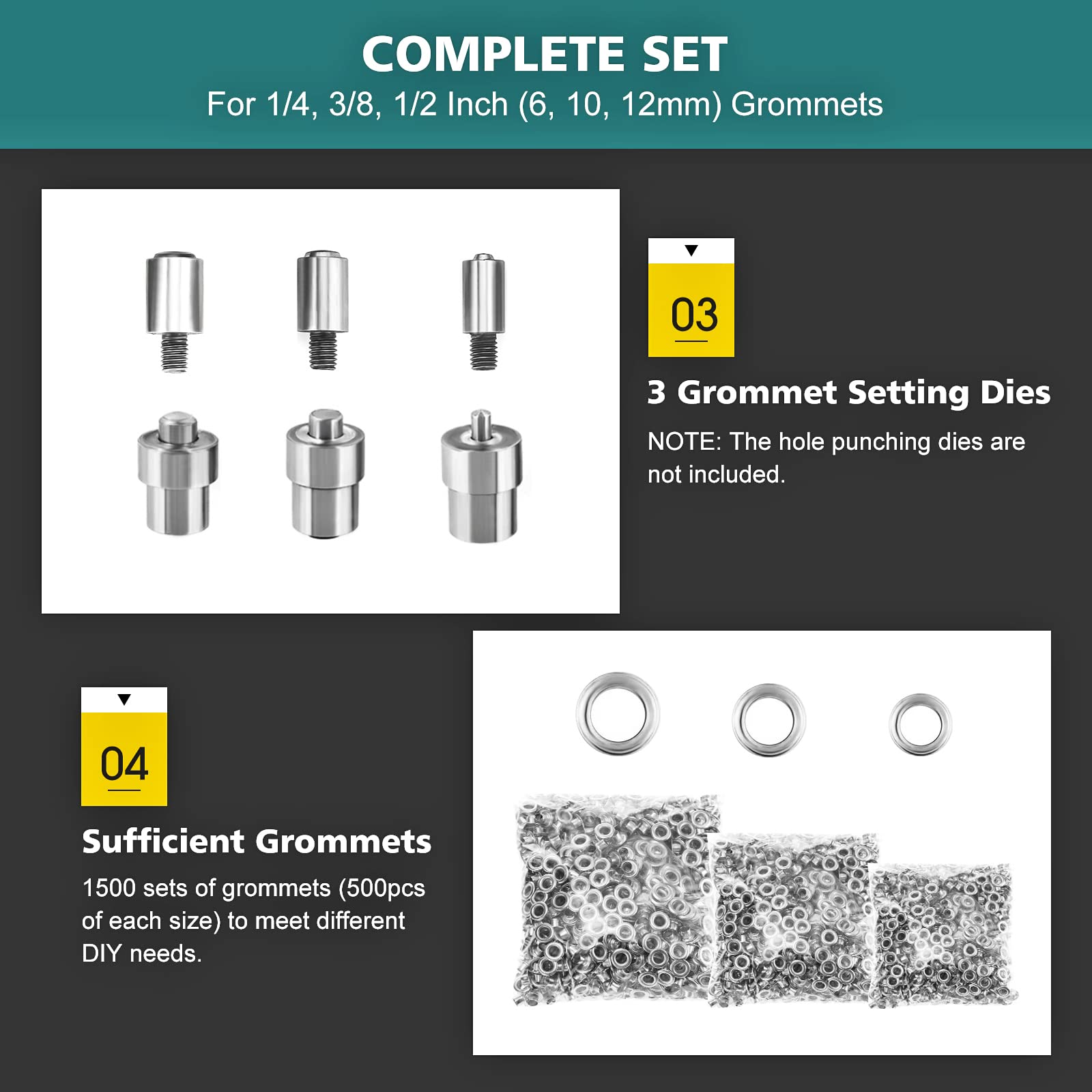 BEAMNOVA Kit di utensili per occhielli a mano, 1/4, 3/8, 1/2 pollici (6, 10, 12 mm), 1500 occhielli in argento