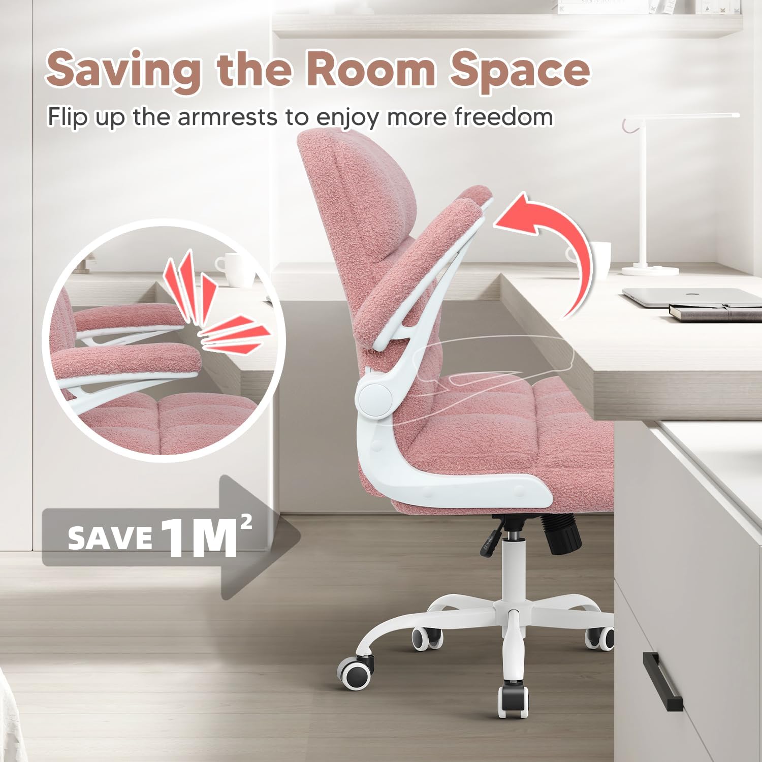 Office Chair with Wheels, Ergonomic Computer Desk Chair with Flip-up Armrest, Adjustable Rolling Swivel Chair Teddy Fleece – Dusty Pink