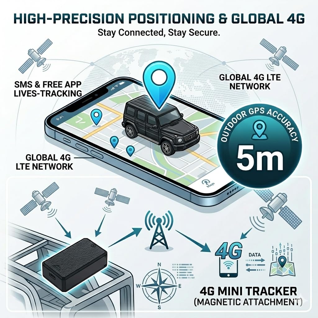 TKMARS Mini Auto 4G GPS Tracker Ohne ABO, Echtzeit Ortung per APP & SMS, Magnetisch, Hohe GPS-Genauigkeit, Bewegungsalarm, Geo-Zaun, Verlauf 6 Monate, SIM Karte Erforderlich für Auto Kinder Gepäck
