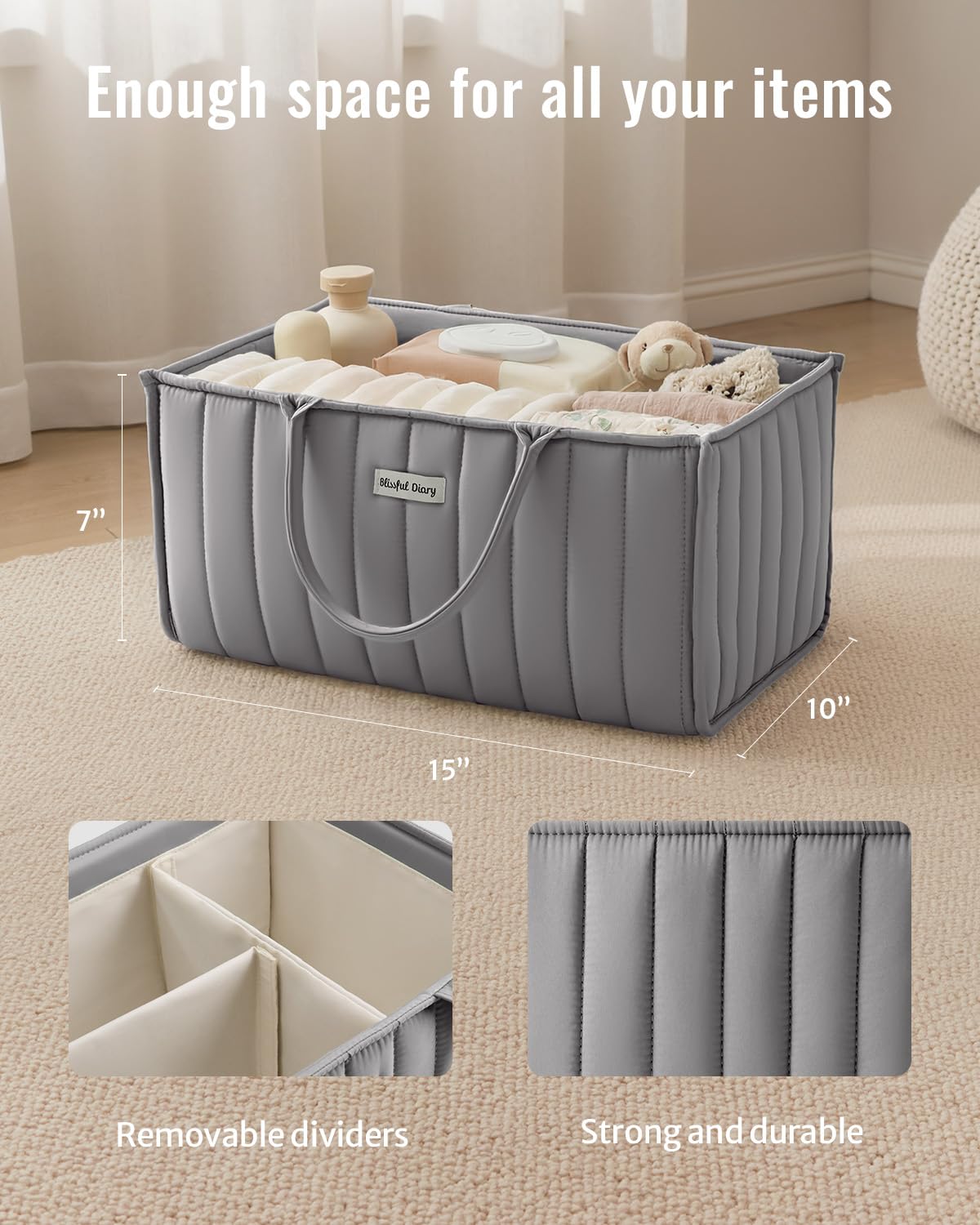 Blissful Diary Cestino per pannolini, per baby shower, per neonati o ragazze, organizer per pannolini, registro dei regali per neonati e neonati indispensabili, grigio chiaro