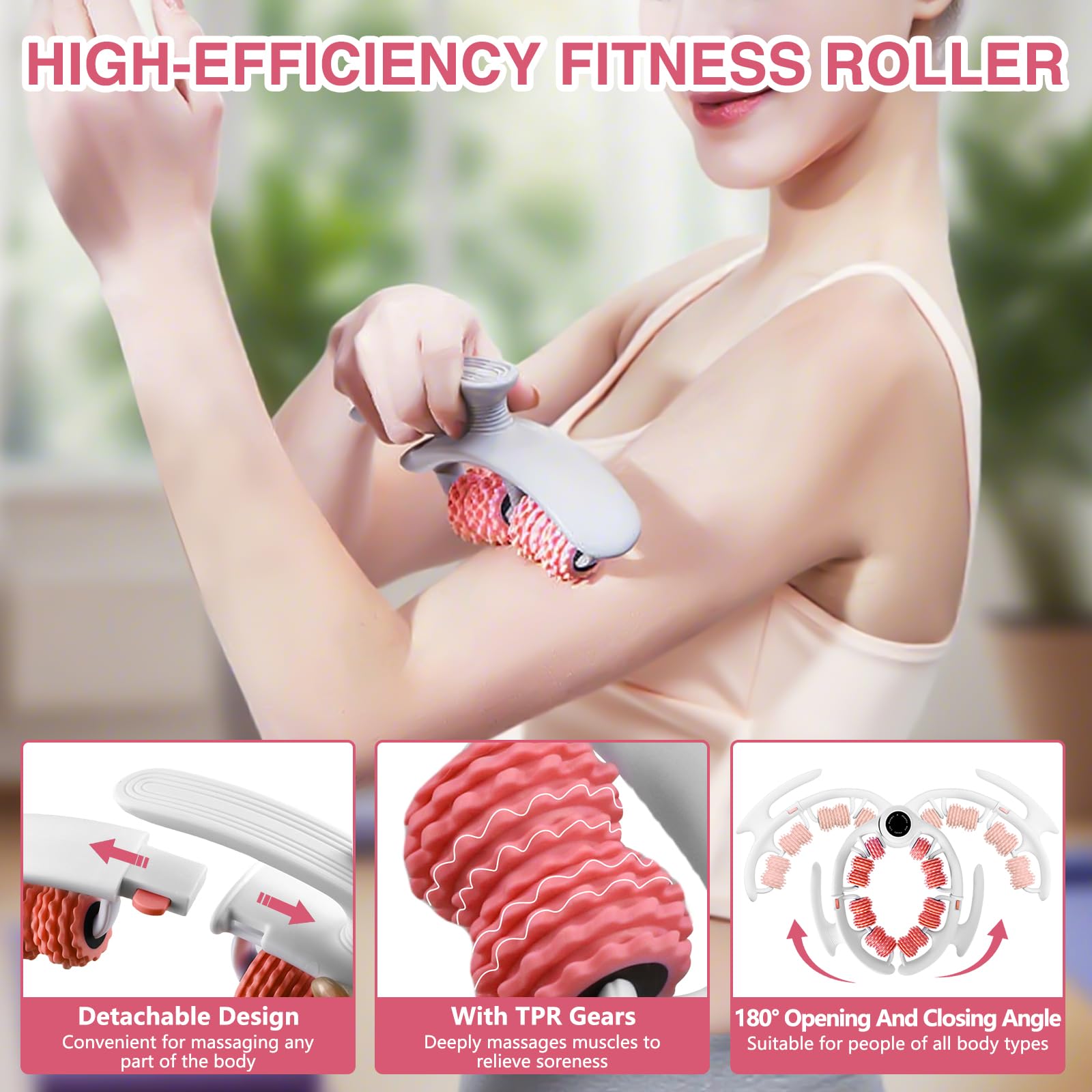 Masseur Anti Cellulite, Rouleau de Massage pour Jambes, Cuisses et Fesses, 360° Massage Cellulite avec Poignées Amovibles, Drainage Lymphatique Jambes (Rose)