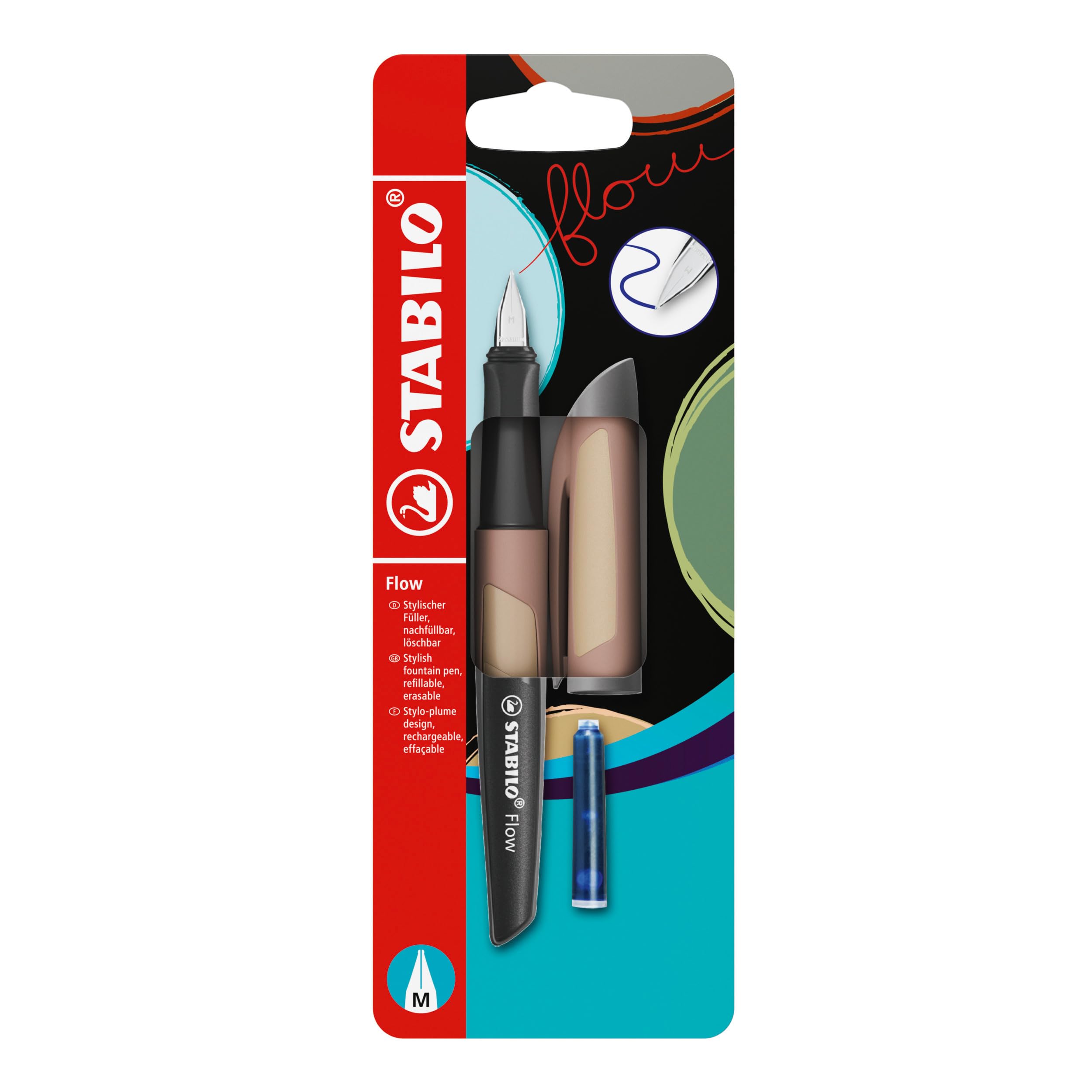 STABILO Flow - Fountain Pen - MONOCHROME - Medium Nib - Pack of 1 - Light Brown including Blue Ink Cartridge