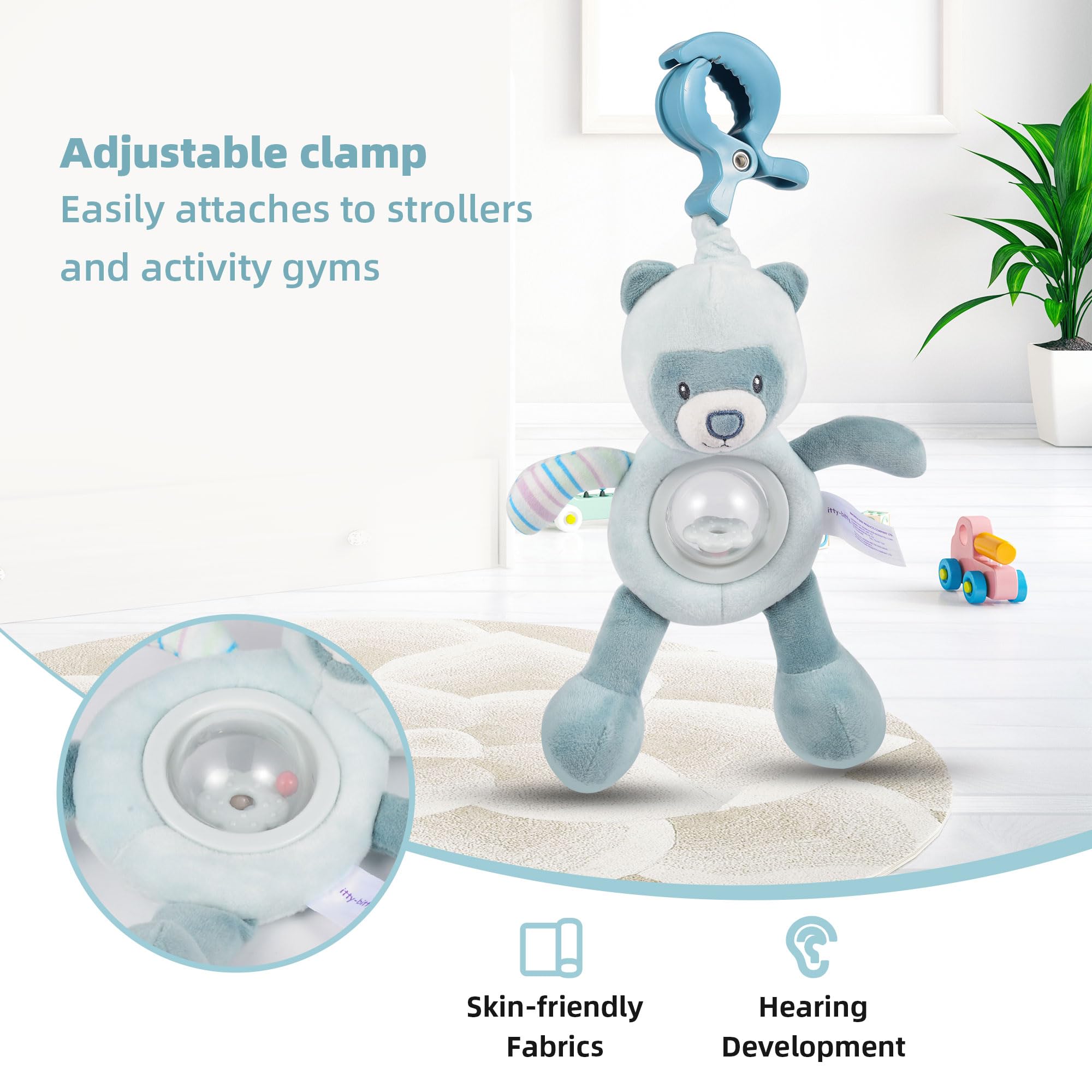 Itty-Bitty 3PCS Baby Rattle Travel Toy for Stroller, Car Seat or Activity Gym Features Jingle Sound and Adjustable Attachment Loop, Baby Newborn Sensory Toys Includes teether (Blue)