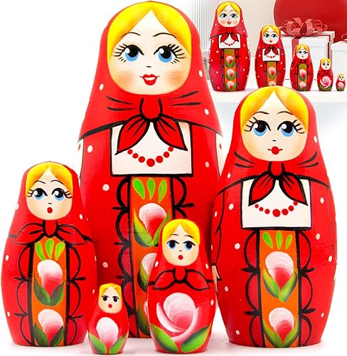 AEVVV Juego de 5 muñecas de anidación rusas, muñecas Matryoshka con sarafan ruso rojo tradicional, muñecas Babushka, muñeca anidadora de madera