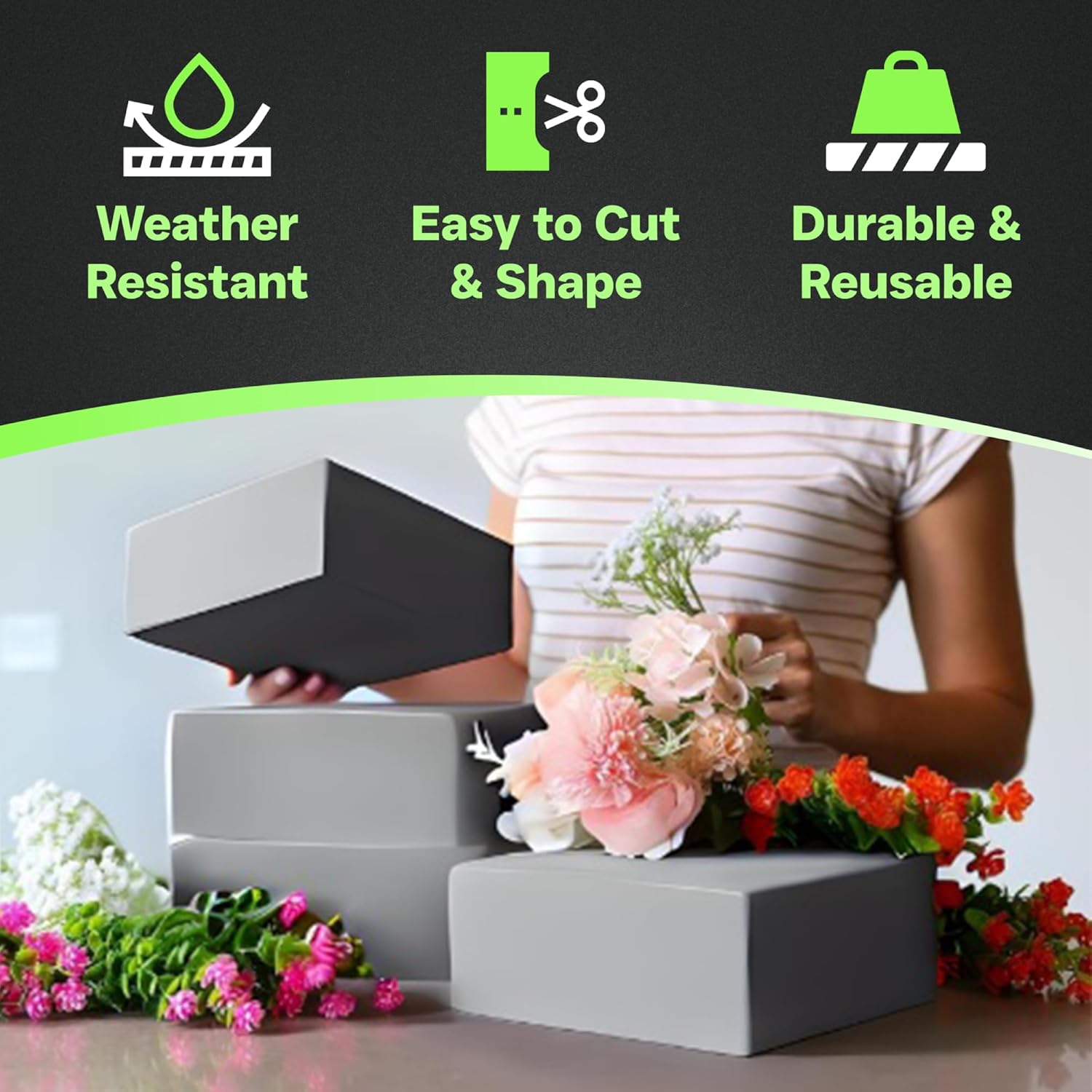 XCEL Floral Foam Blocks - Reusable, Weather Resistant Craft Foam Fresh & Artificial Flower Arrangements, Faux Florist Foam Planters Florist Supplies (Gray 7" x 7" x 3" - 4 Pack)