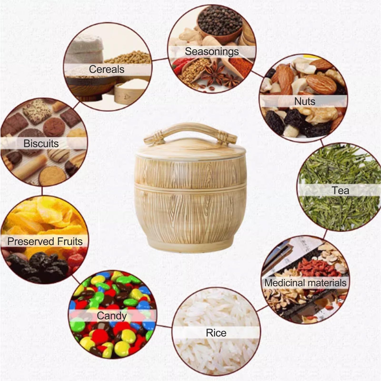 Bote de arroz cerámico con tapa y taza medidora， organizador despensa familiar grande- para alimentos secos, granos, cereales, harina, azúcar, pasta, café, frutos secos(22lb/10kg)