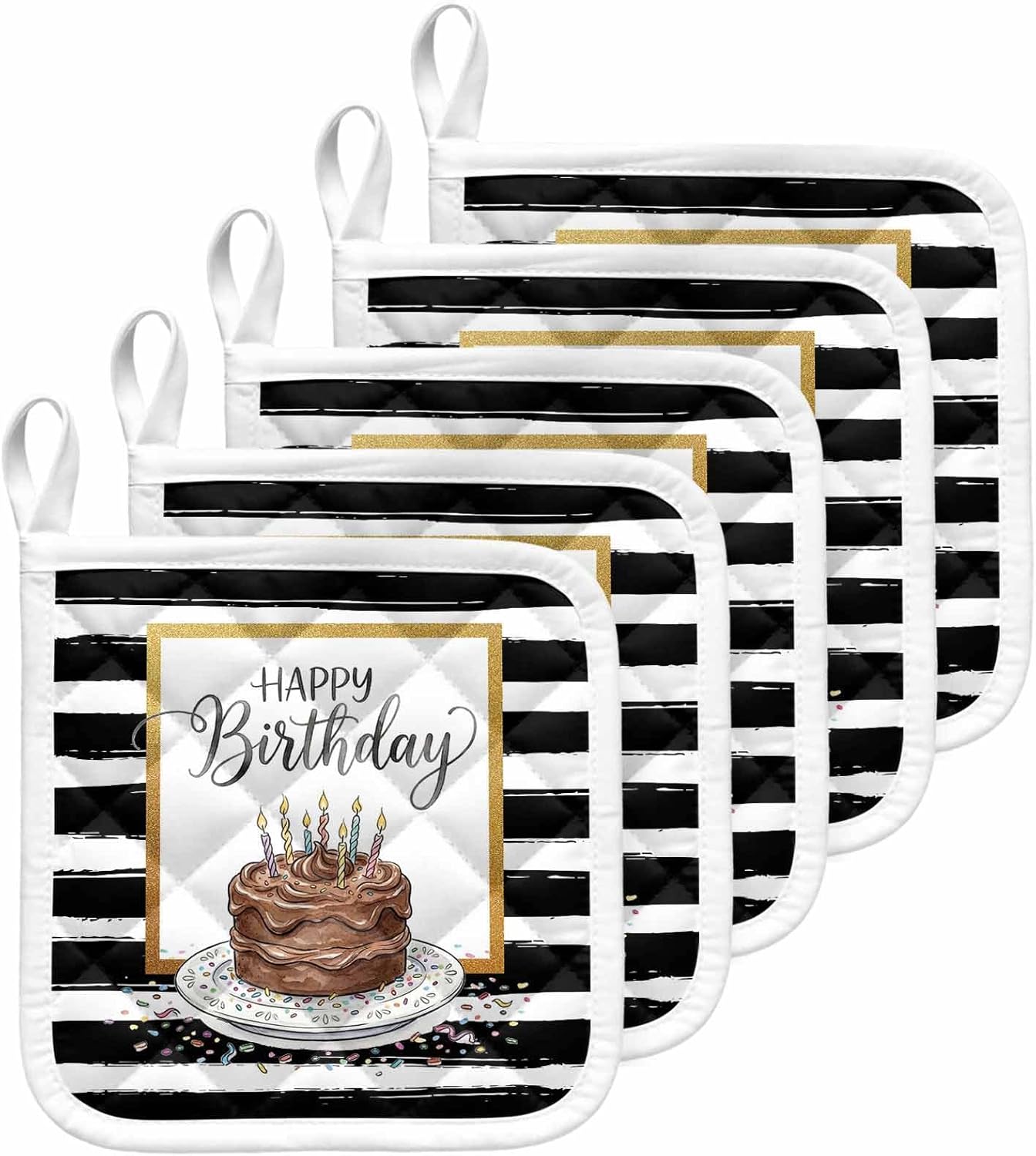 Happy Birthday Pot Holders for Kitchen Heatproof Potholder, 5 Pack Brown Chocolate Cake Candles Farmhouse Plaid Hot Pads Multipurpose Oven Pads Cloth Potholders Trivet for Cooking Baking