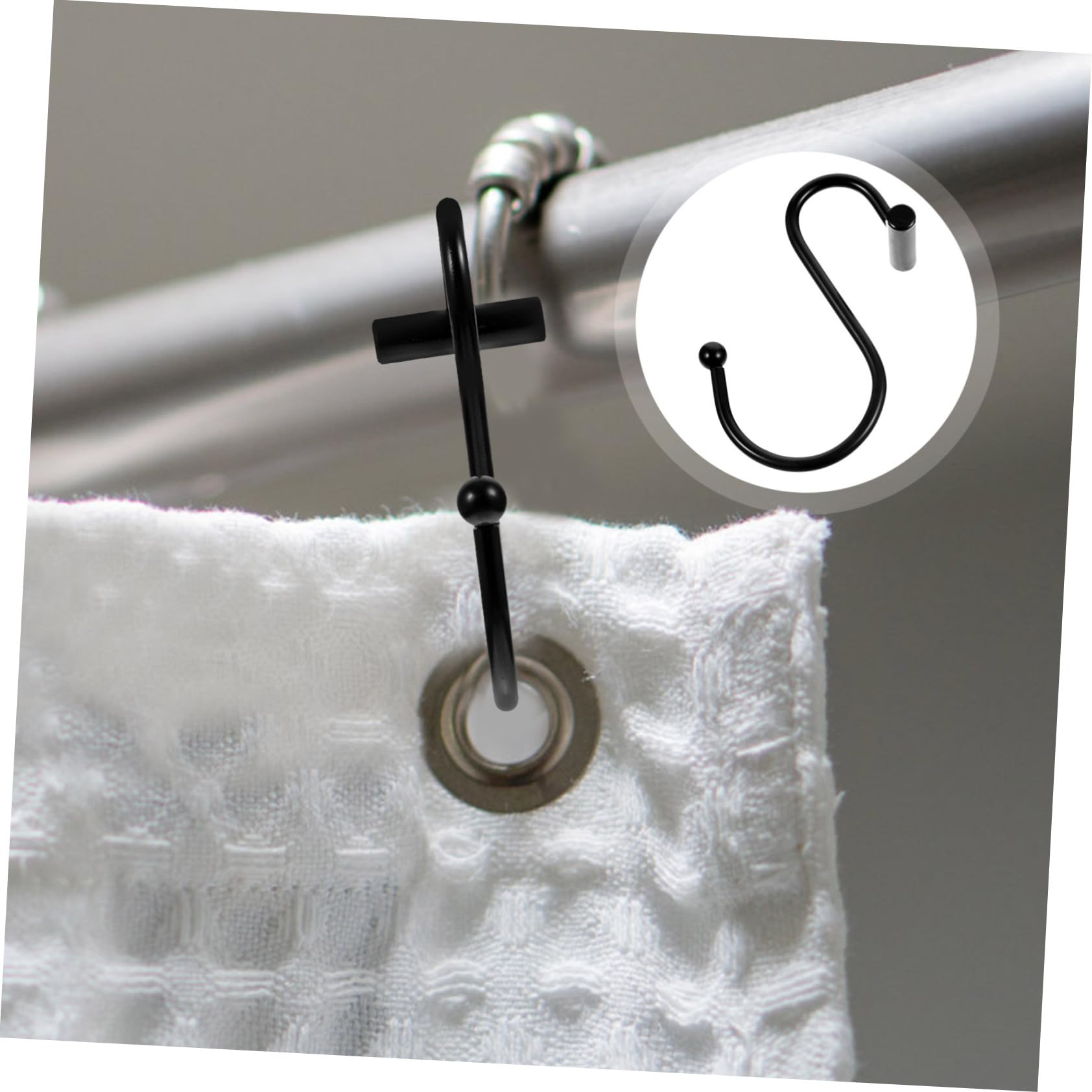 WOONEKY Embrasses de Rideaux en Fer Noir, Crochets de Fixation pour Rideaux en S, Lot de 24, pour Salle de Bain, Fixation Sûre et Solide