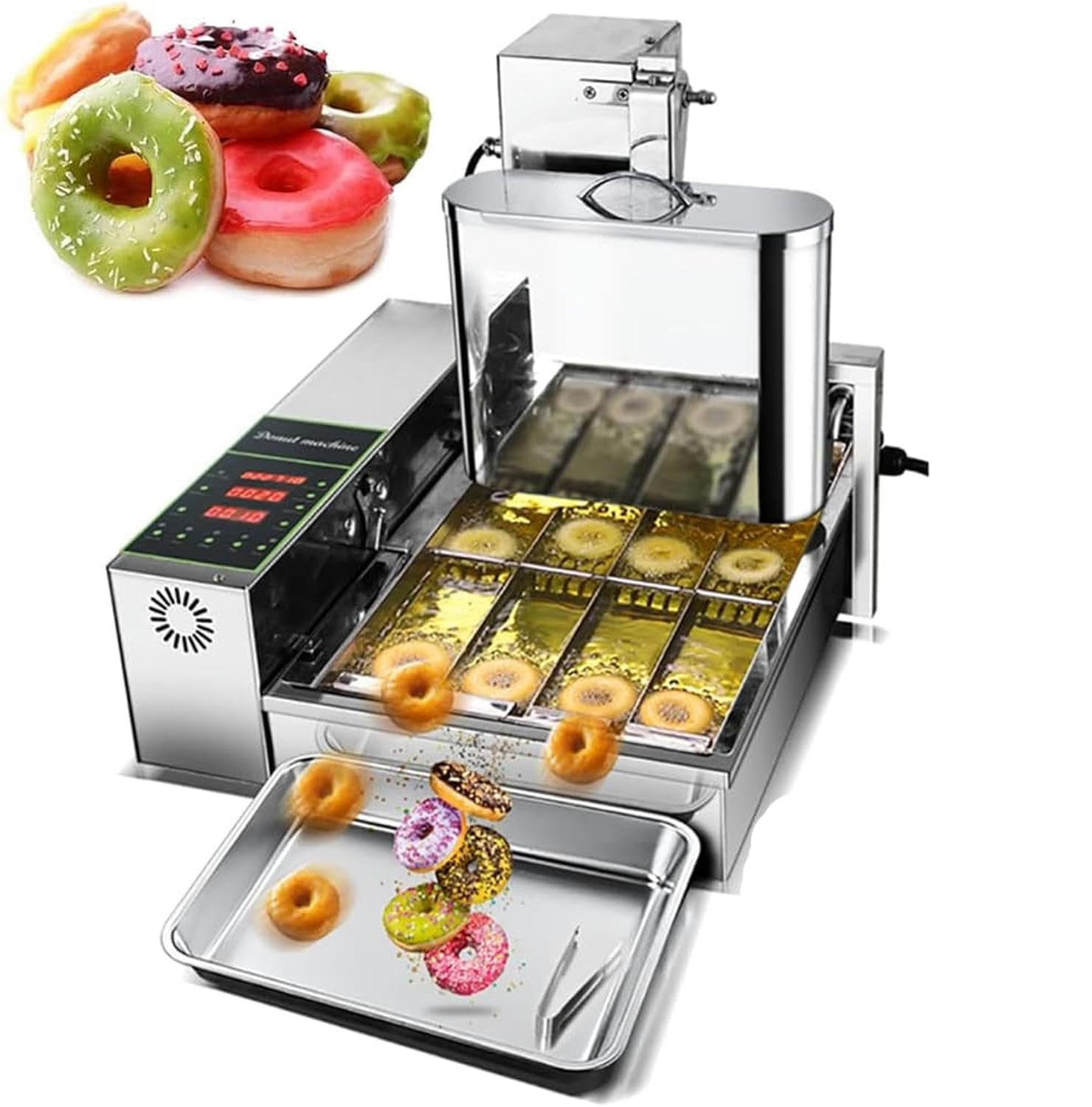 Macchina per ciambelle commerciale a 4 file, friggitrice automatica per snack e ciambelle con tramoggia da 5,5 l, spessore regolabile, pannello di controllo intelligente