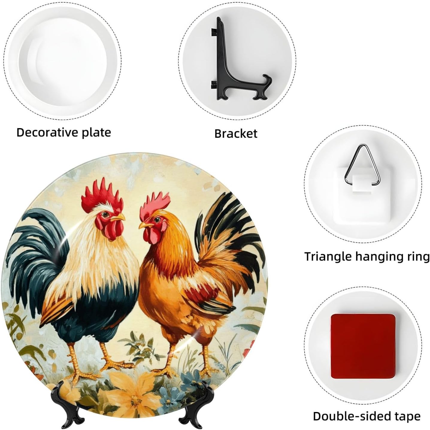 Decorative Plate 10in Dessert Plate Ornament Ceramic Plates with Display Cute Rooster Chickens Bone China Decorative Plat Stand Hanging Porcelain Plate for Home Wall Decor